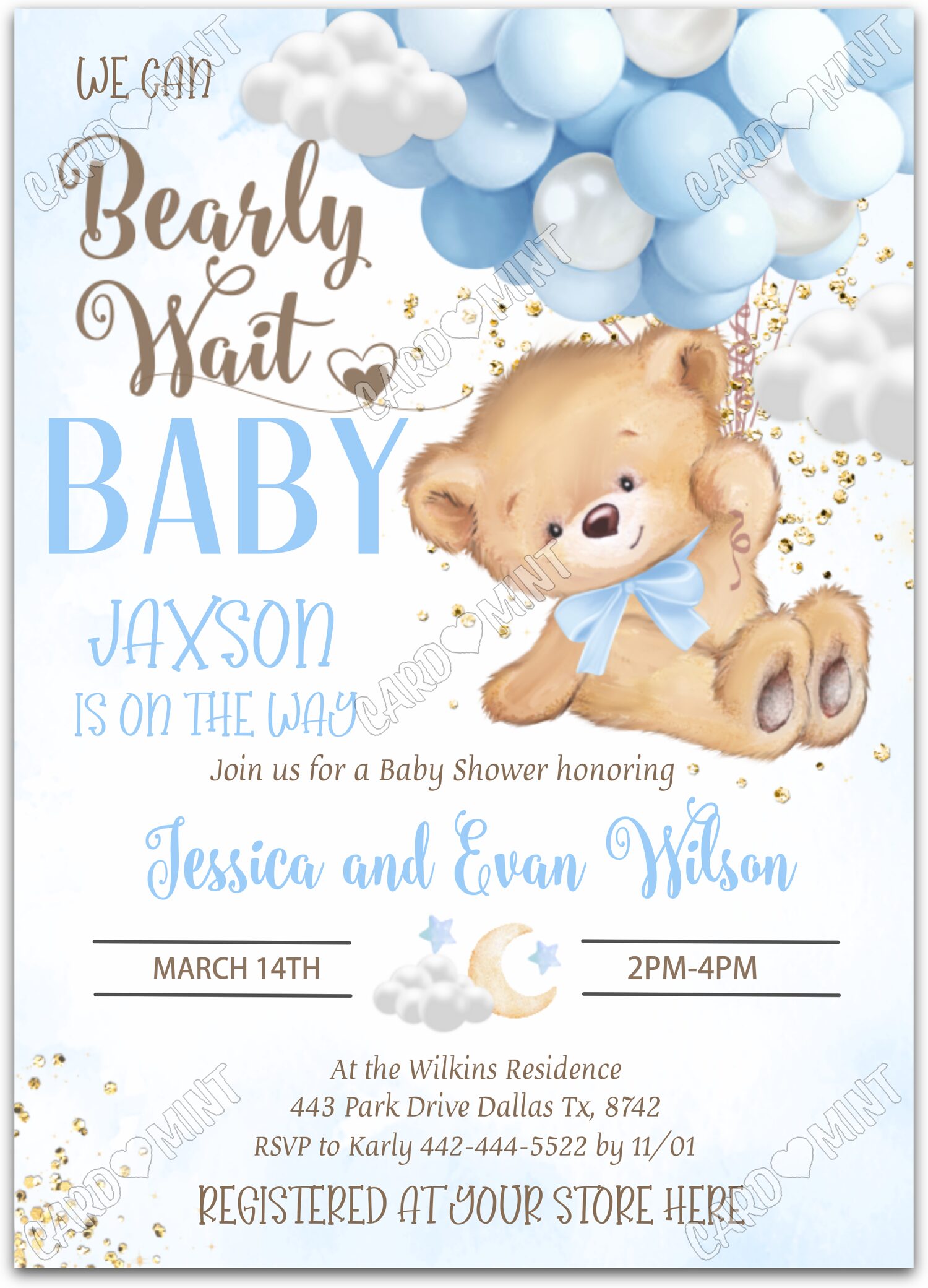 Editable Bearly Wait white teddy bear & blue balloons neutral Baby Shower 5"x7" Invitation EV1356