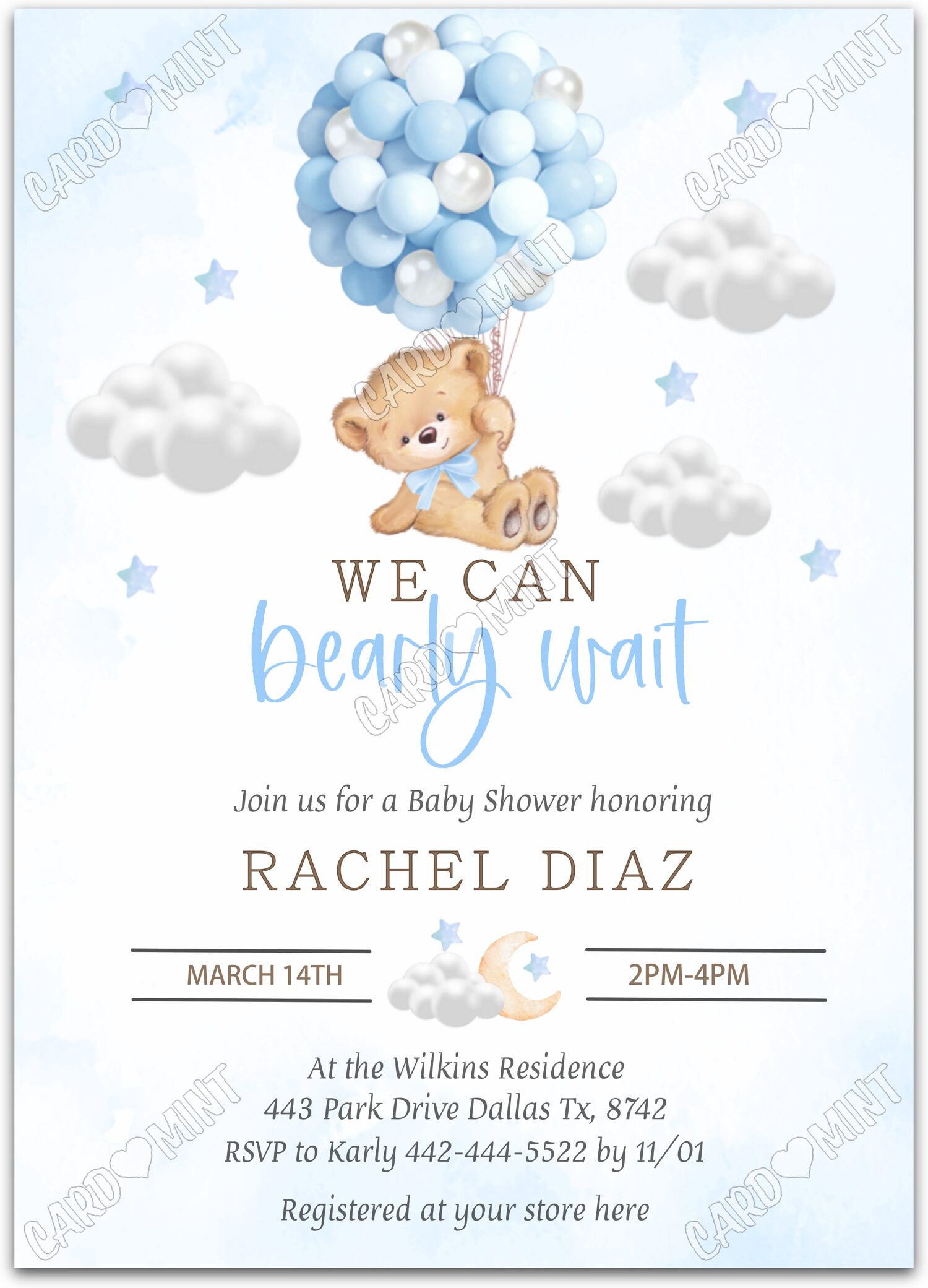 Editable Bearly Wait blue teddy bear & blue balloons neutral Douche de bébé 5"x7" Invitation EV1357