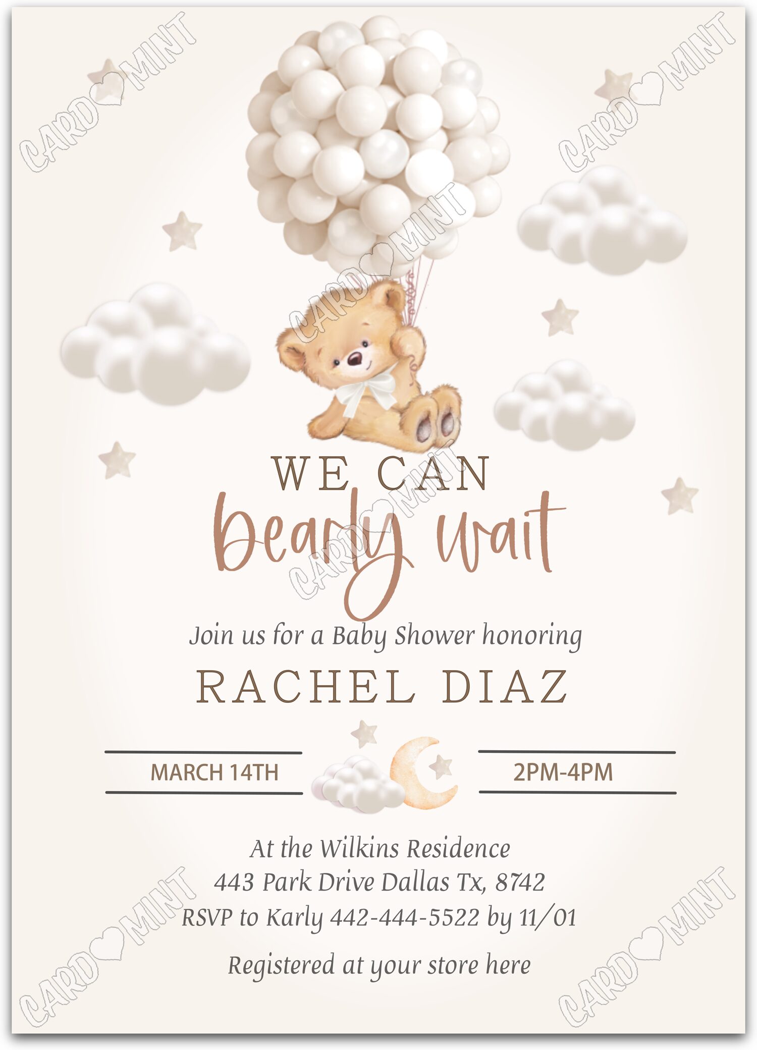 Editable Bearly Wait tan teddy bear & white balloons neutral Baby Shower 5"x7" Invitation EV1358