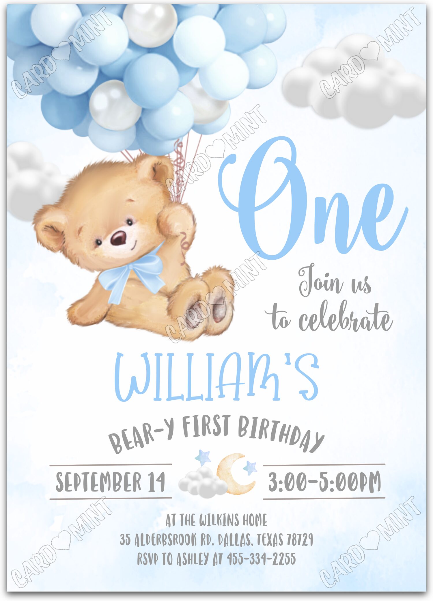 Editable Bear-y First Birthday blue bear & balloons boy First Birthday Party 5"x7" Invitation EV1359