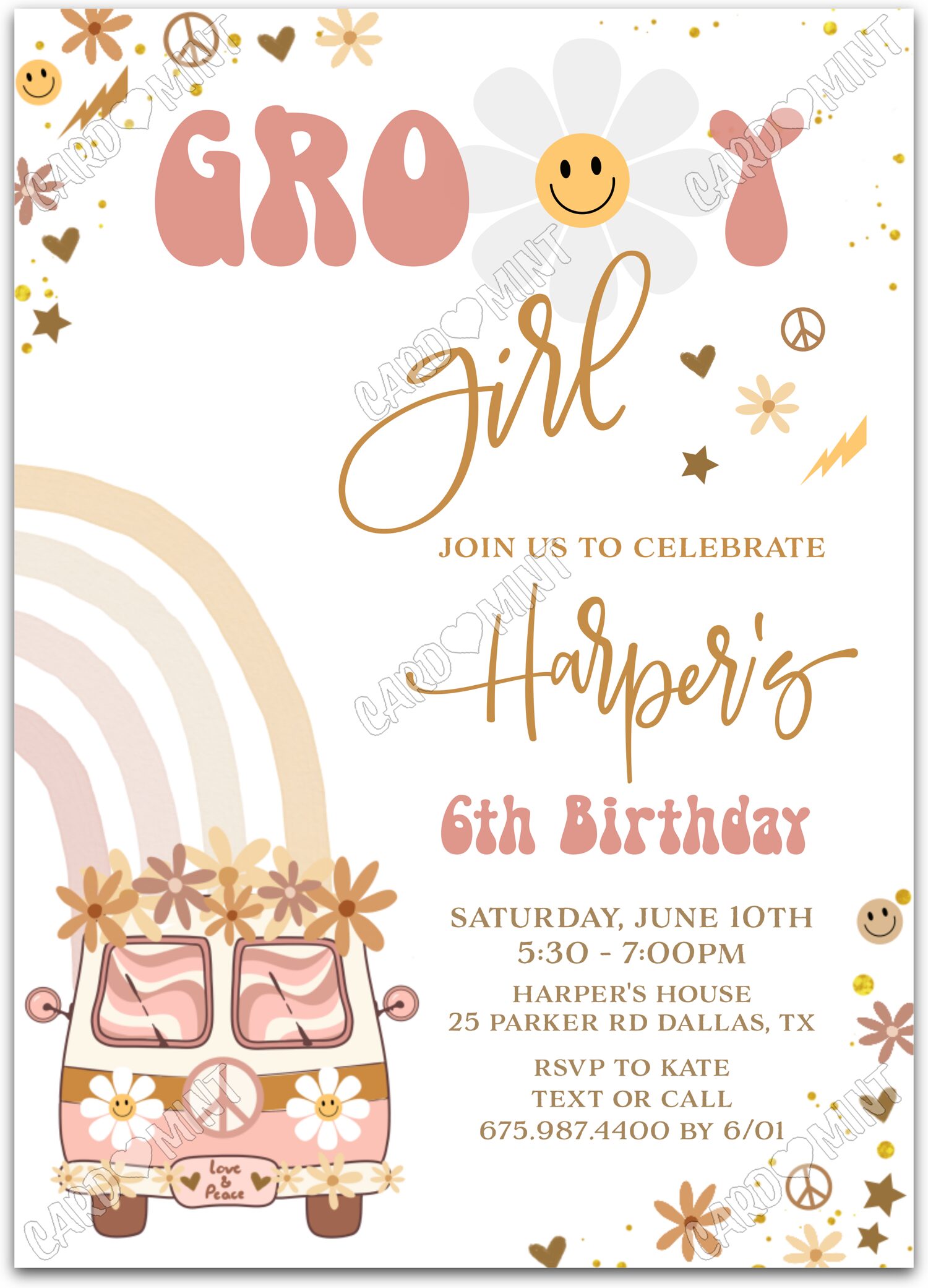 Editable Groovy Jeune fille white peace van girl Fête d'Anniversaire 5"x7" Invitation EV1361