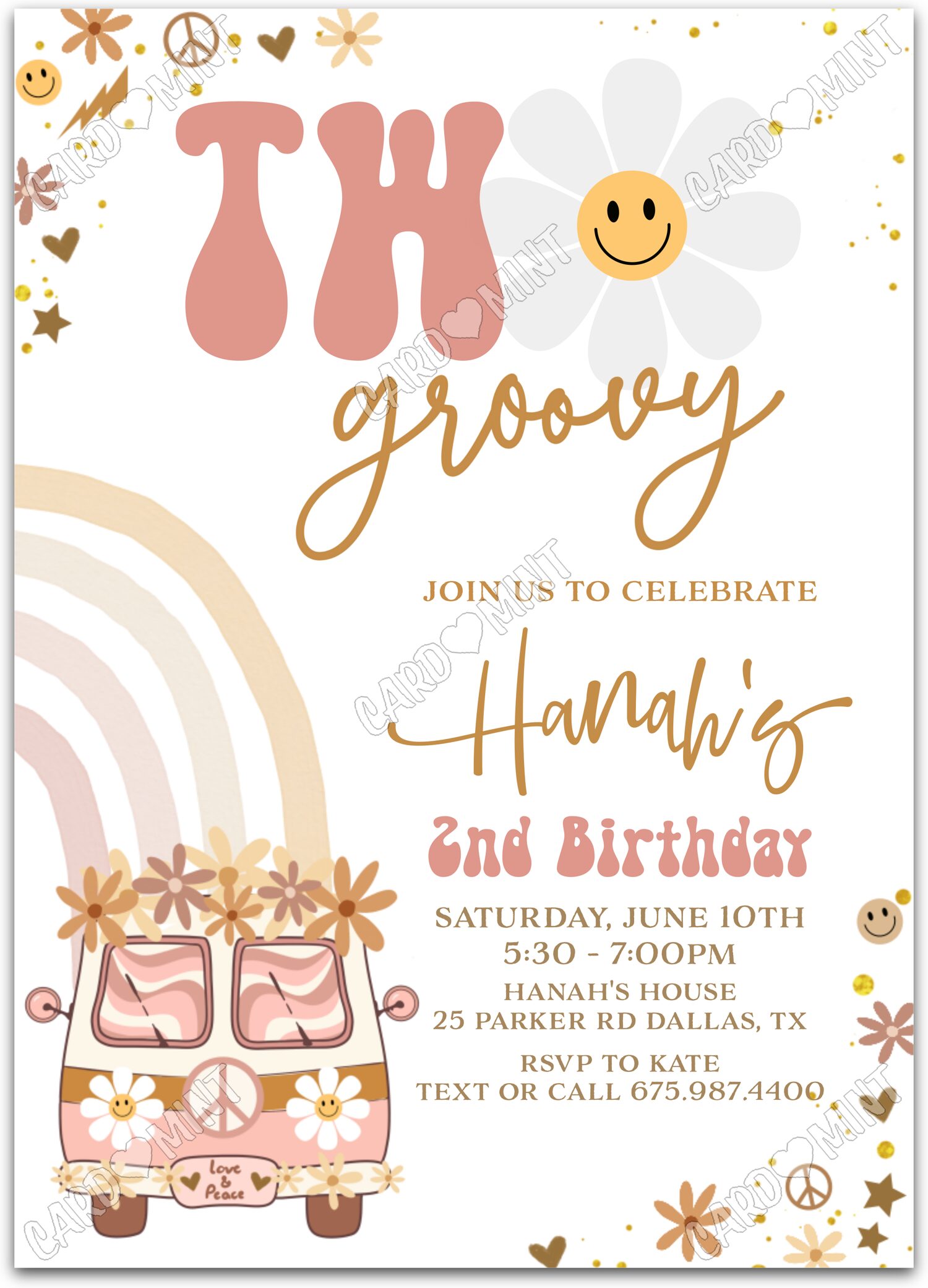 Editable Two Groovy white peace van & symbols girl 2nd Birthday Party 5"x7" Invitation EV1362