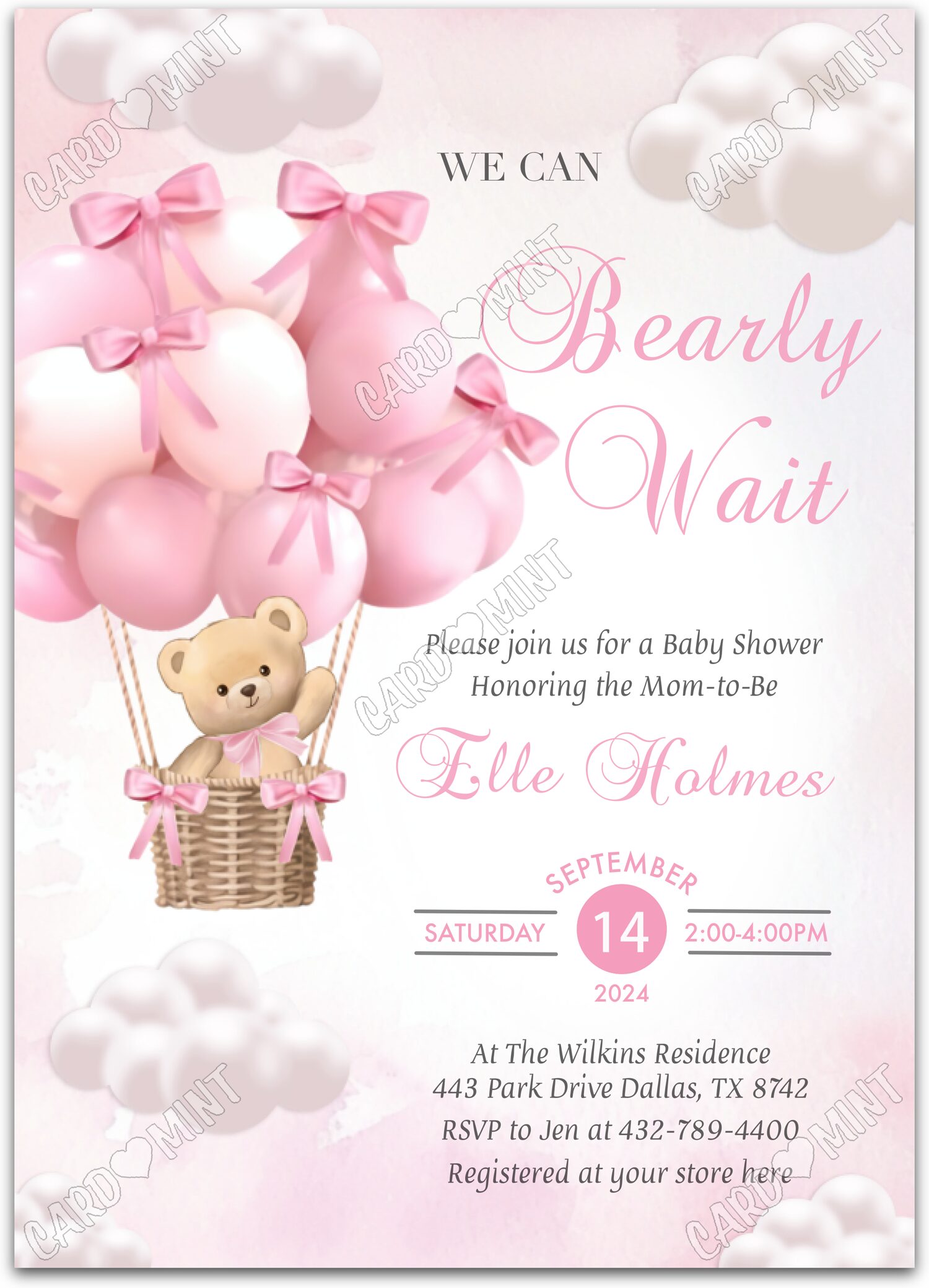 Editable Bearly Wait pink hot air balloon w/ bows & teddy girl Douche de bébé 5"x7" Invitation EV1364