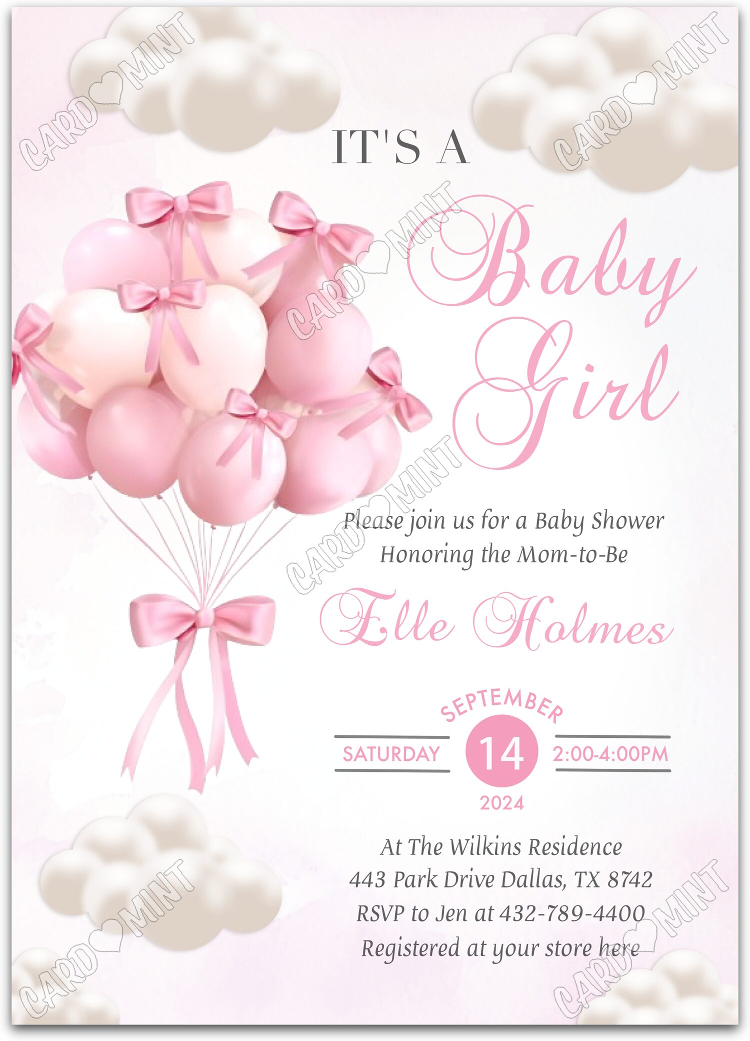 Editable It's a Baby Jeune fille white pink balloons & pink bows girl Douche de bébé 5"x7" Invitation EV1365