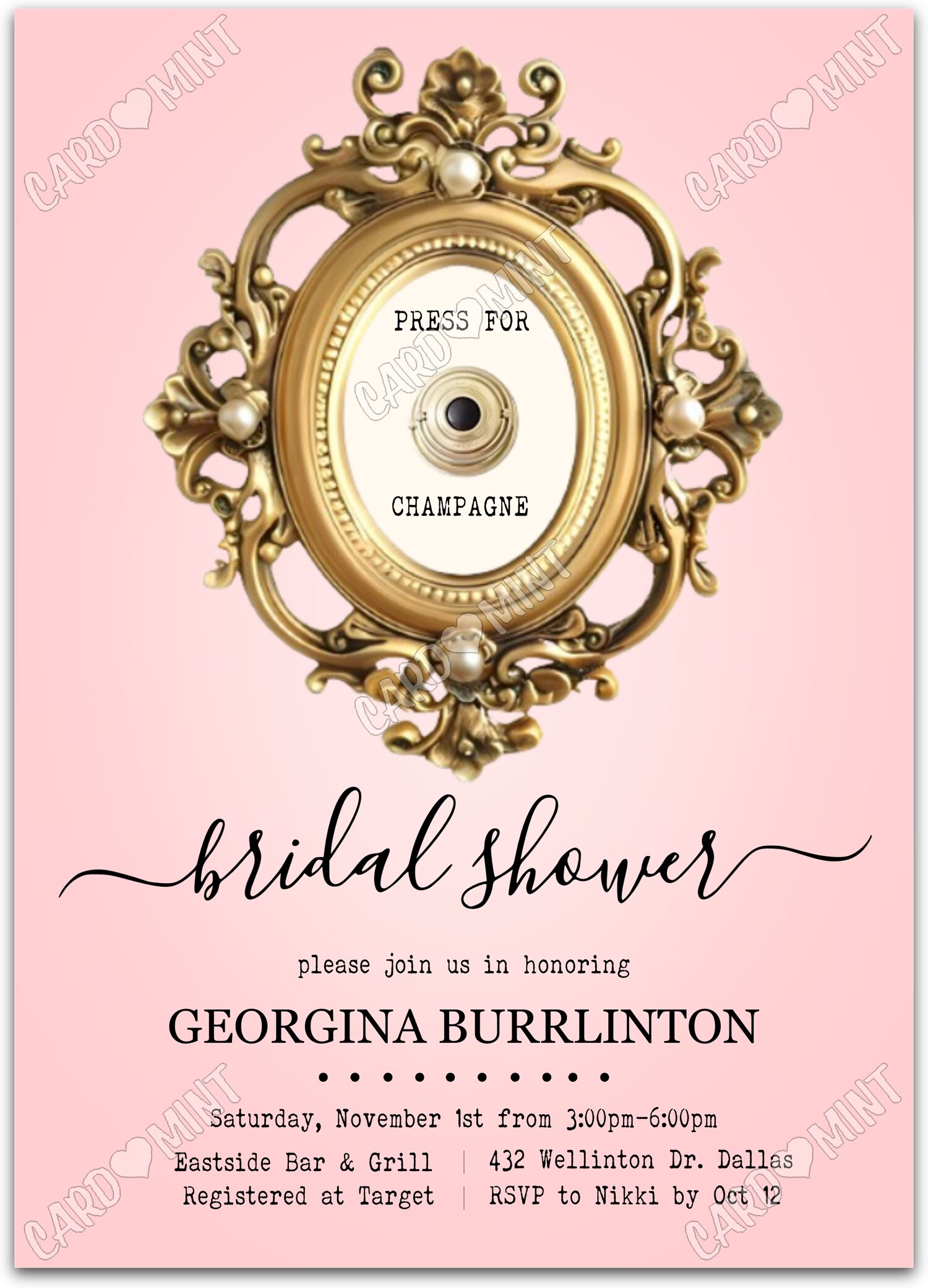 Editable Press for Champagne pink vintage doorbell Bridal Shower 5"x7" Invitation EV1366