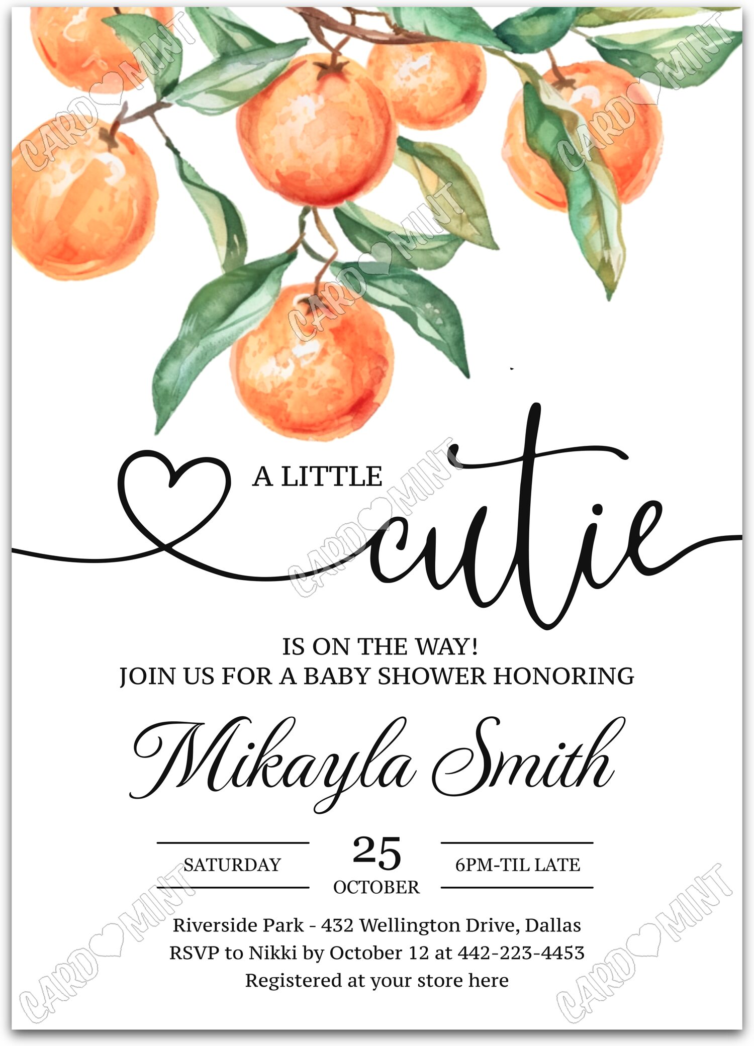 Editable A Little Cutie white cutie mandarins girl Baby Shower 5"x7" Invitation EV1367