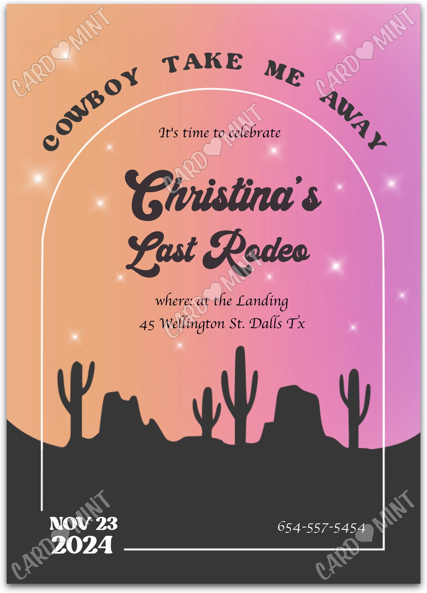 Editable Cowboy Take Me Away pink/gold desert sunset Douche nuptiale 5"x7" Invitation EV1368