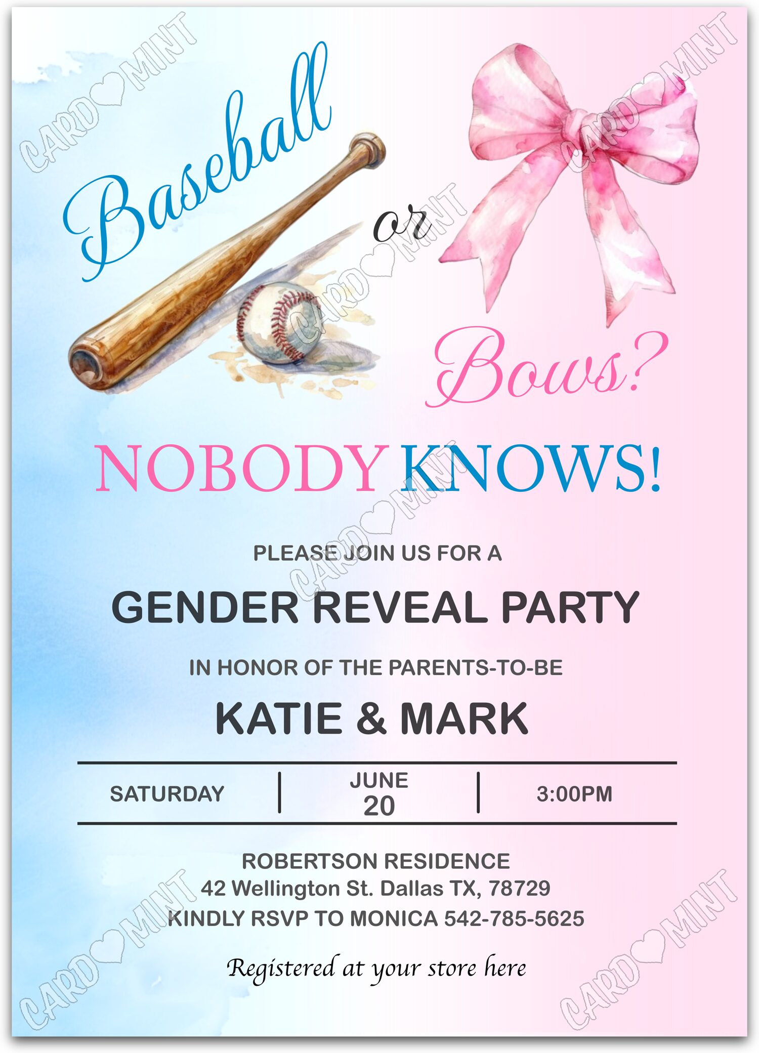 Editable Baseball or Bows? pink/blue playful items Gender Reveal 5"x7" Invitation EV1369