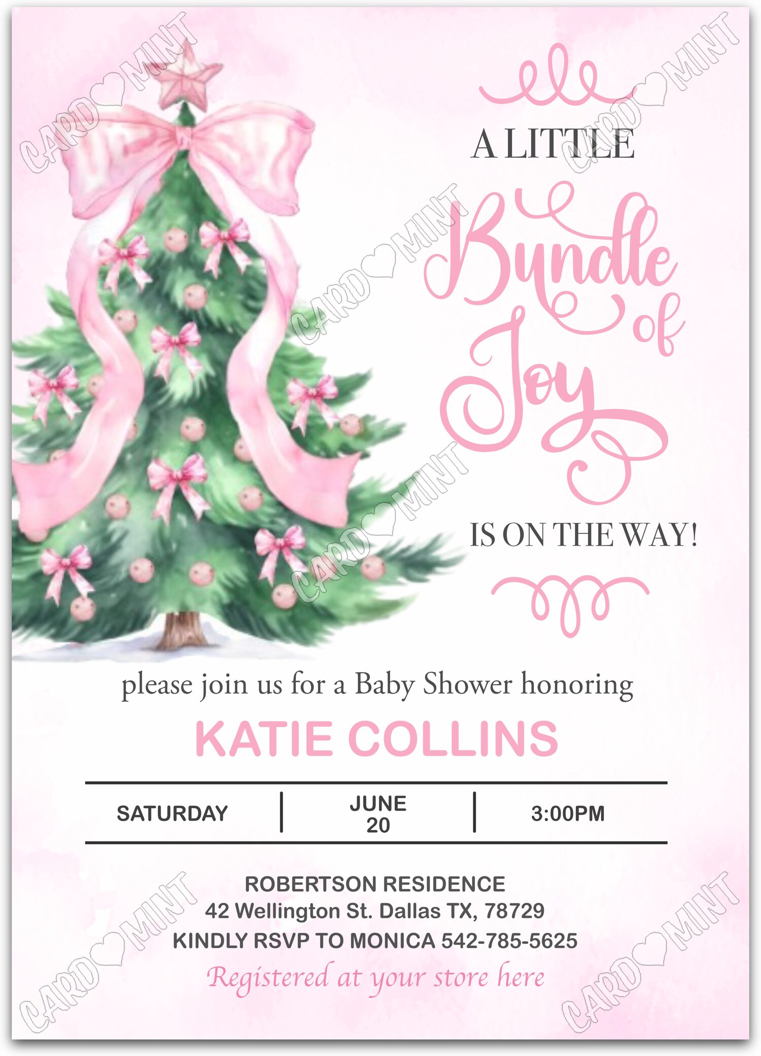 Editable Bundle of Joy pink Christmas tree & bows girl Christmas Christmas Douche de bébé 5"x7" Invitation EV1370