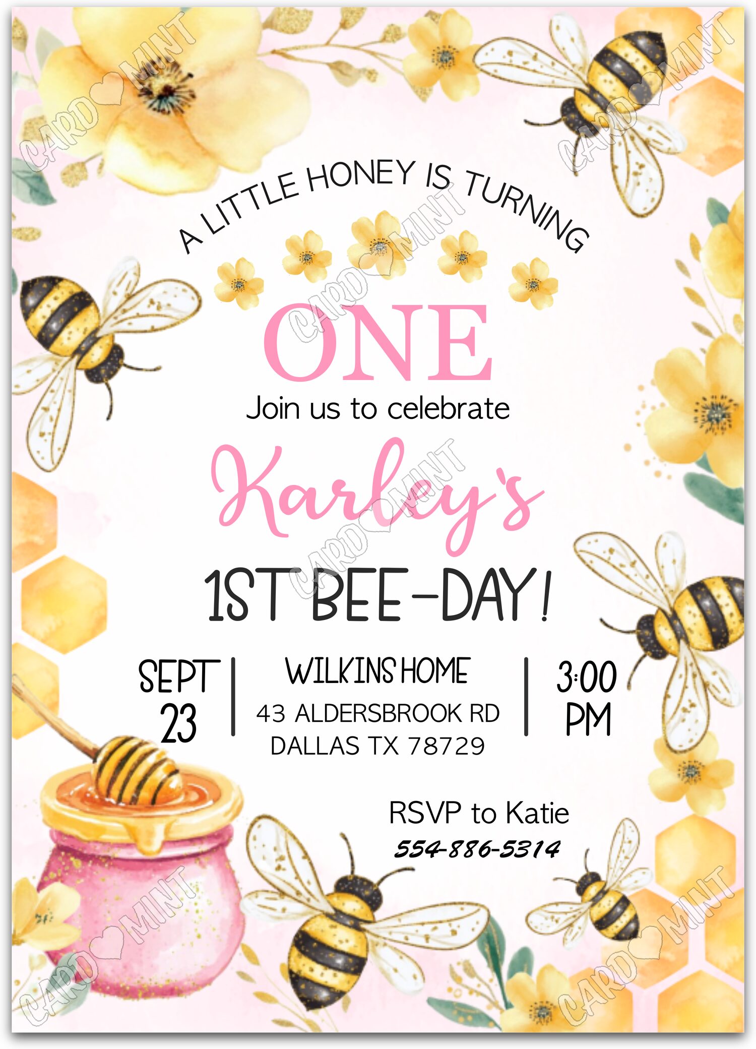 Editable A Little Honey white honeybees girl Fête d'Anniversaire 5"x7" Invitation EV1371