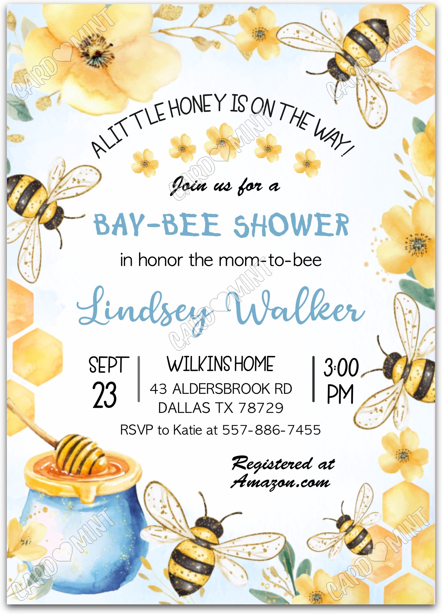 Editable A Little Honey white honeybees boy Baby Shower 5"x7" Invitation EV1372