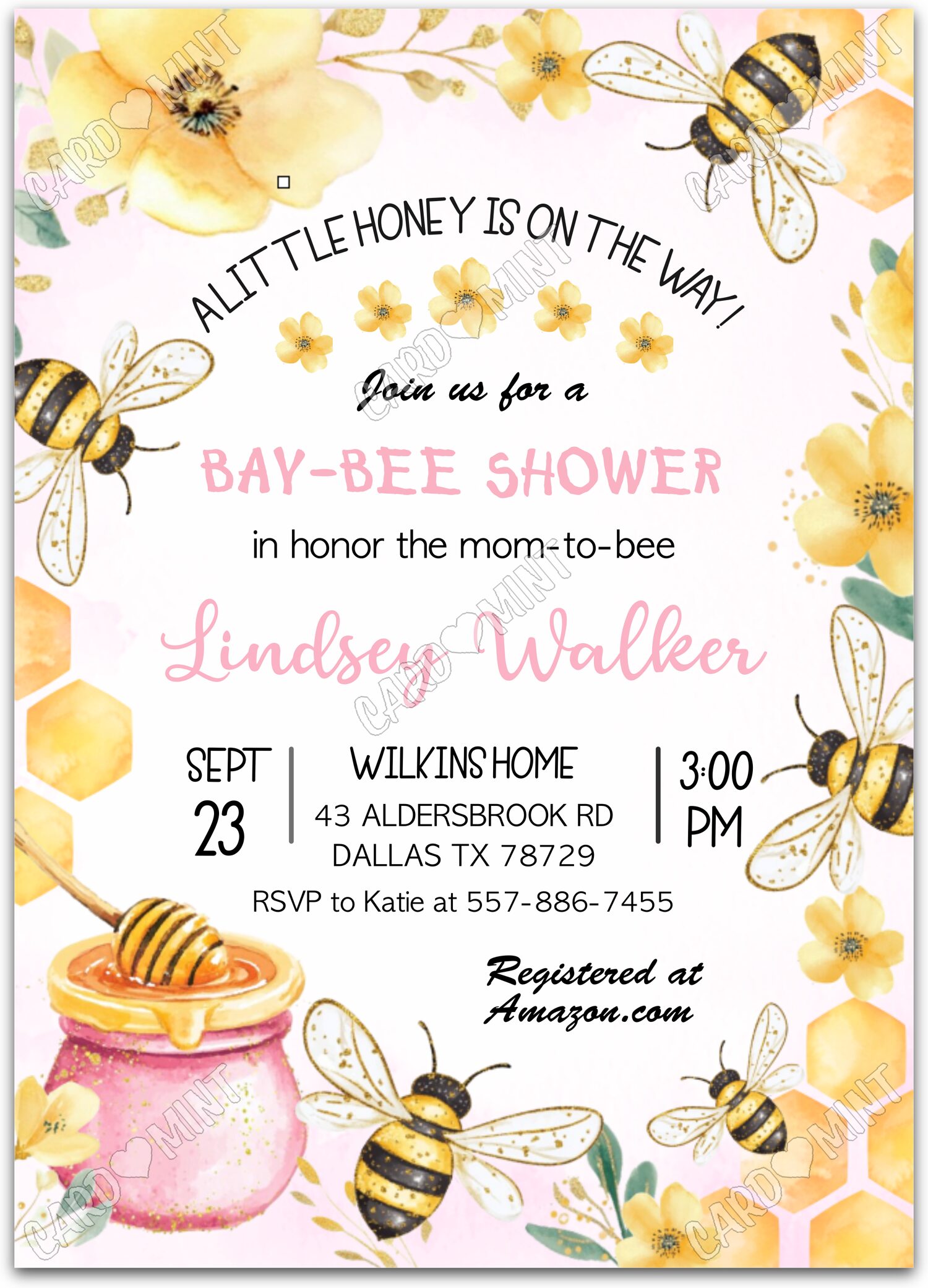 Editable A Little Honey white honeybees girl Baby Shower 5"x7" Invitation EV1376