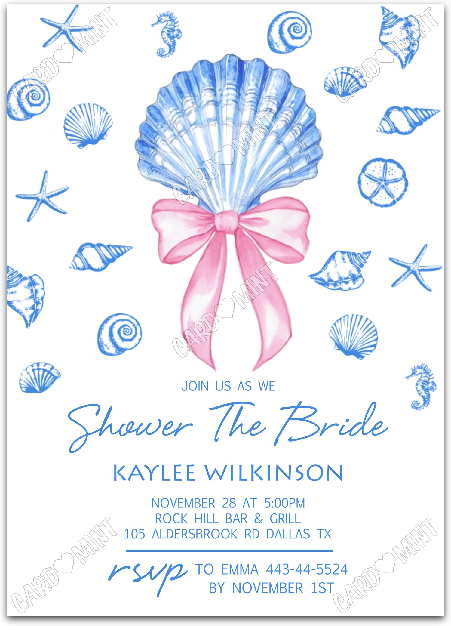 Editable Shower The Bride white seashells and pink bow Douche nuptiale 5"x7" Invitation EV1377