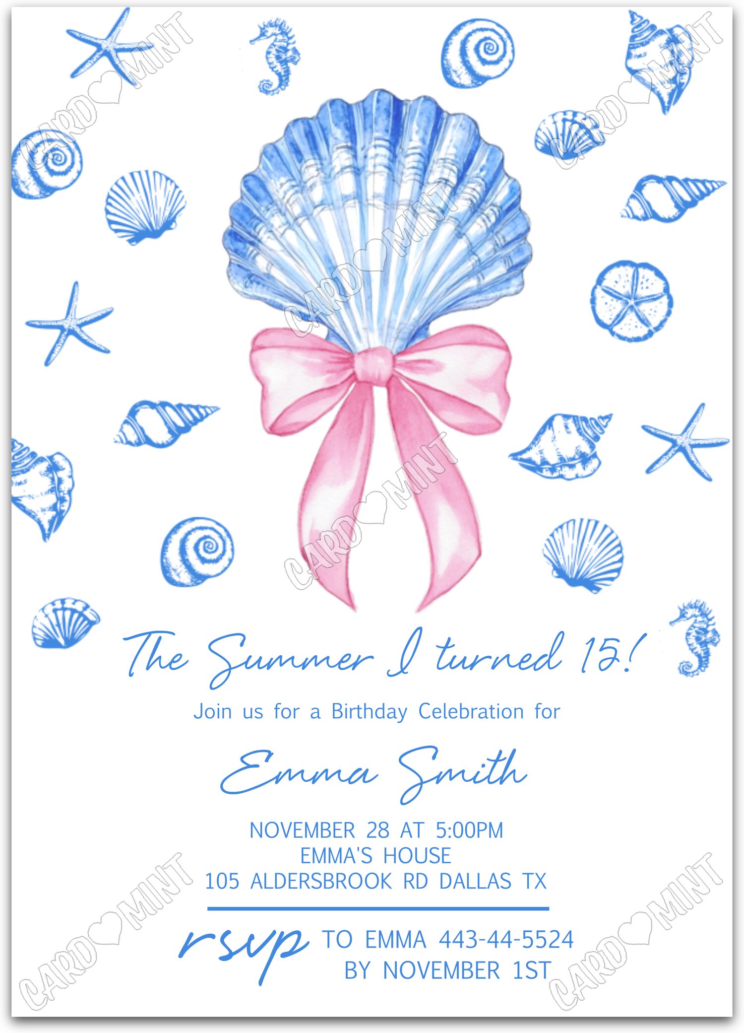 Editable The Summer I Turned... white seashells & pink bow girl Fête d'Anniversaire 5"x7" Invitation EV1379