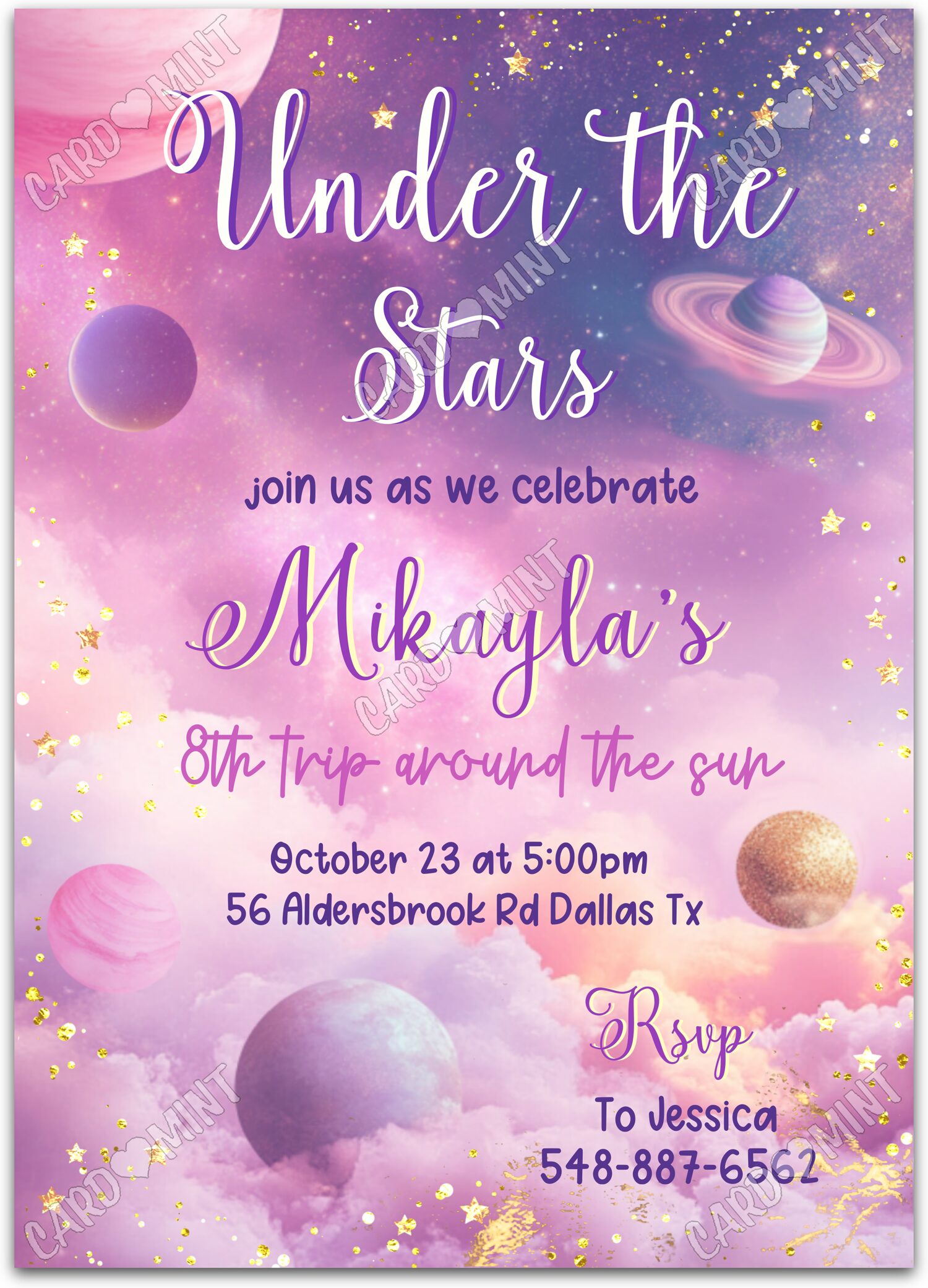 Editable Under The Stars purple stars & planets girl Birthday Party 5"x7" Invitation EV1380