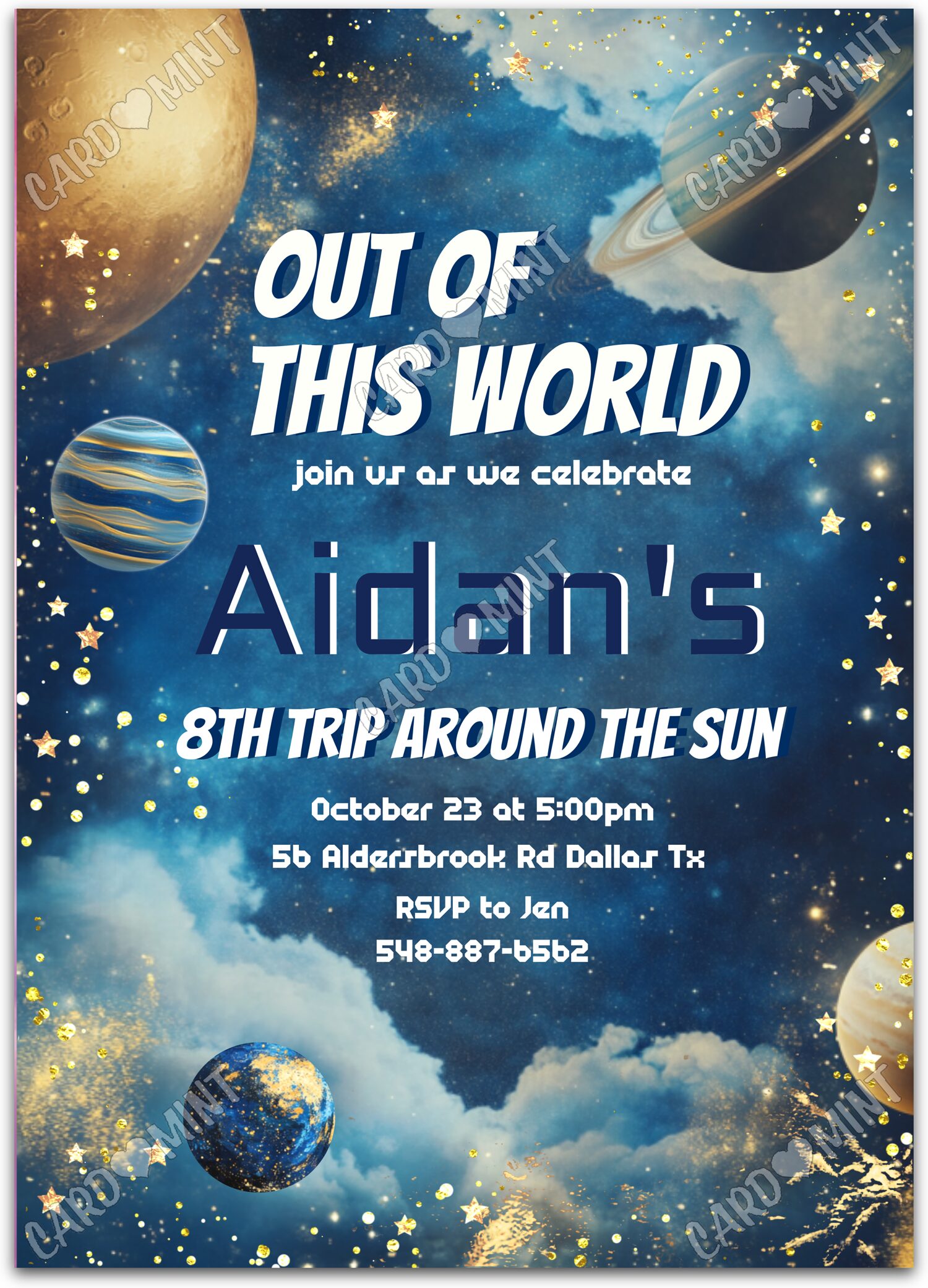 Editable Out of this World blue stars & planets boy Fête d'Anniversaire 5"x7" Invitation EV1381