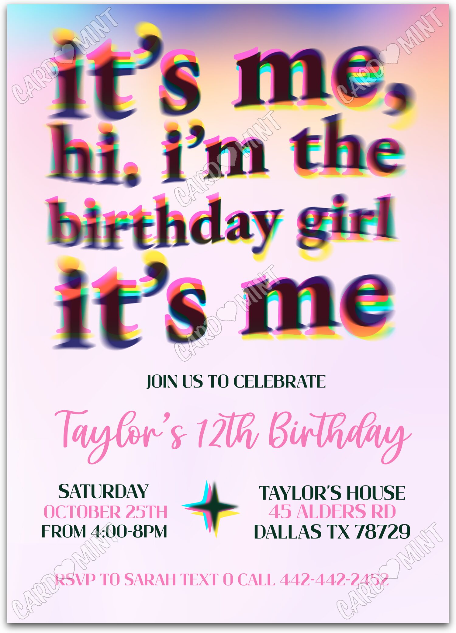 Editable It's Me, Hi pink wavy text girl Birthday Party 5"x7" Invitation EV1382