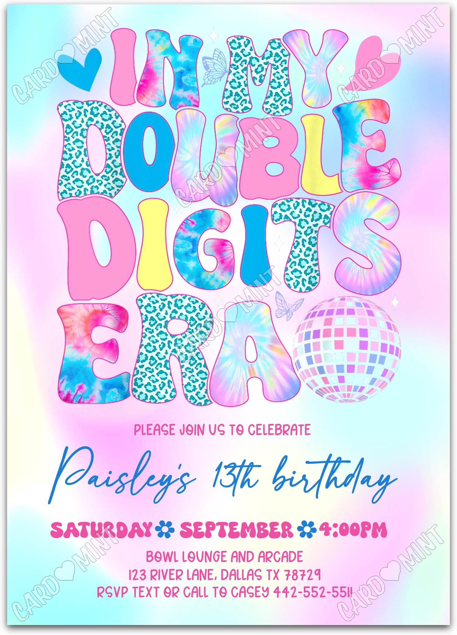 Editable Double Digits Era pink/blue tie-die coloring girl Birthday Party 5"x7" Invitation EV1383