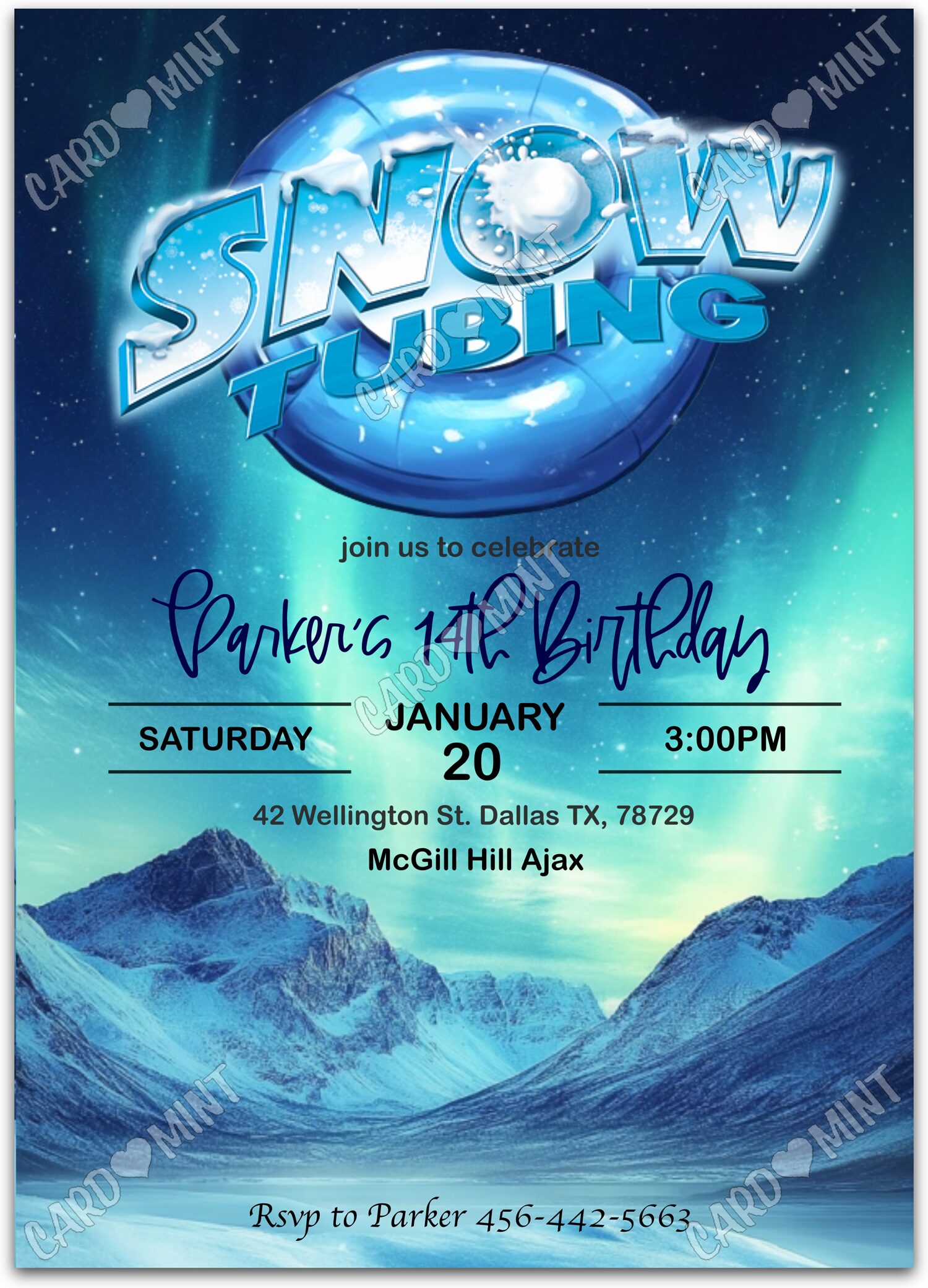 Editable Snow Tubing blue snowy mountains boy winter Birthday Party 5"x7" Invitation EV1385