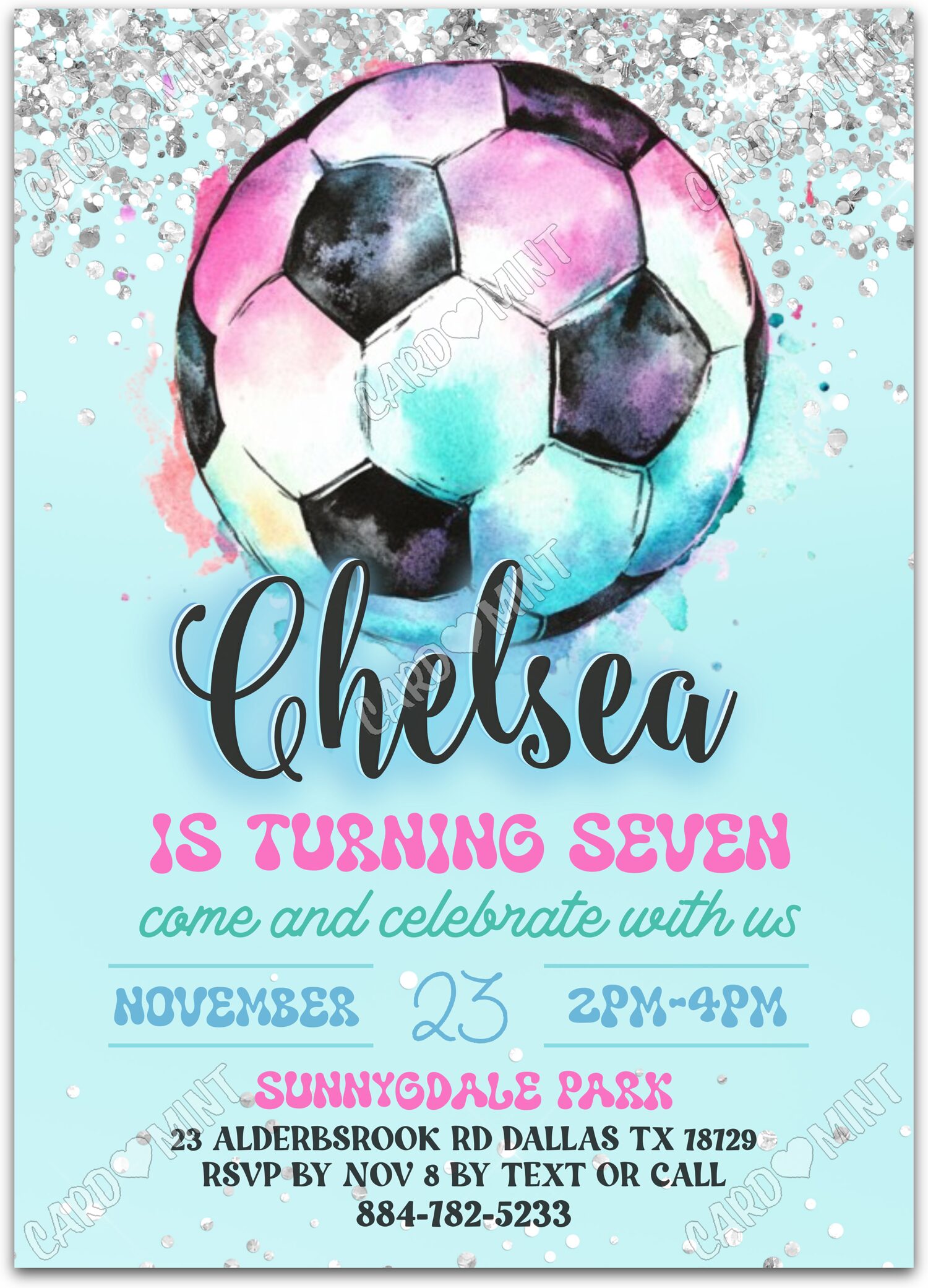 Editable Soccer Star blue soccer ball & glitter girl Fête d'Anniversaire 5"x7" Invitation EV1386