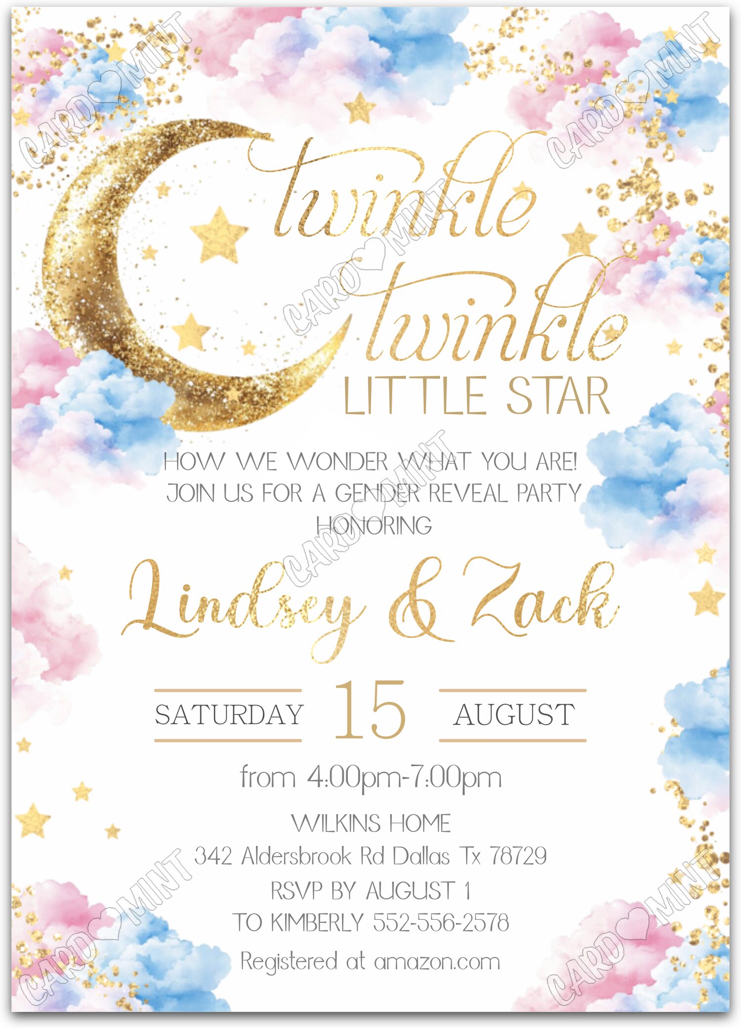 Editable Twinkle Twinkle pink/blue gold moon, stars & glitter Gender Reveal 5"x7" Invitation EV1387