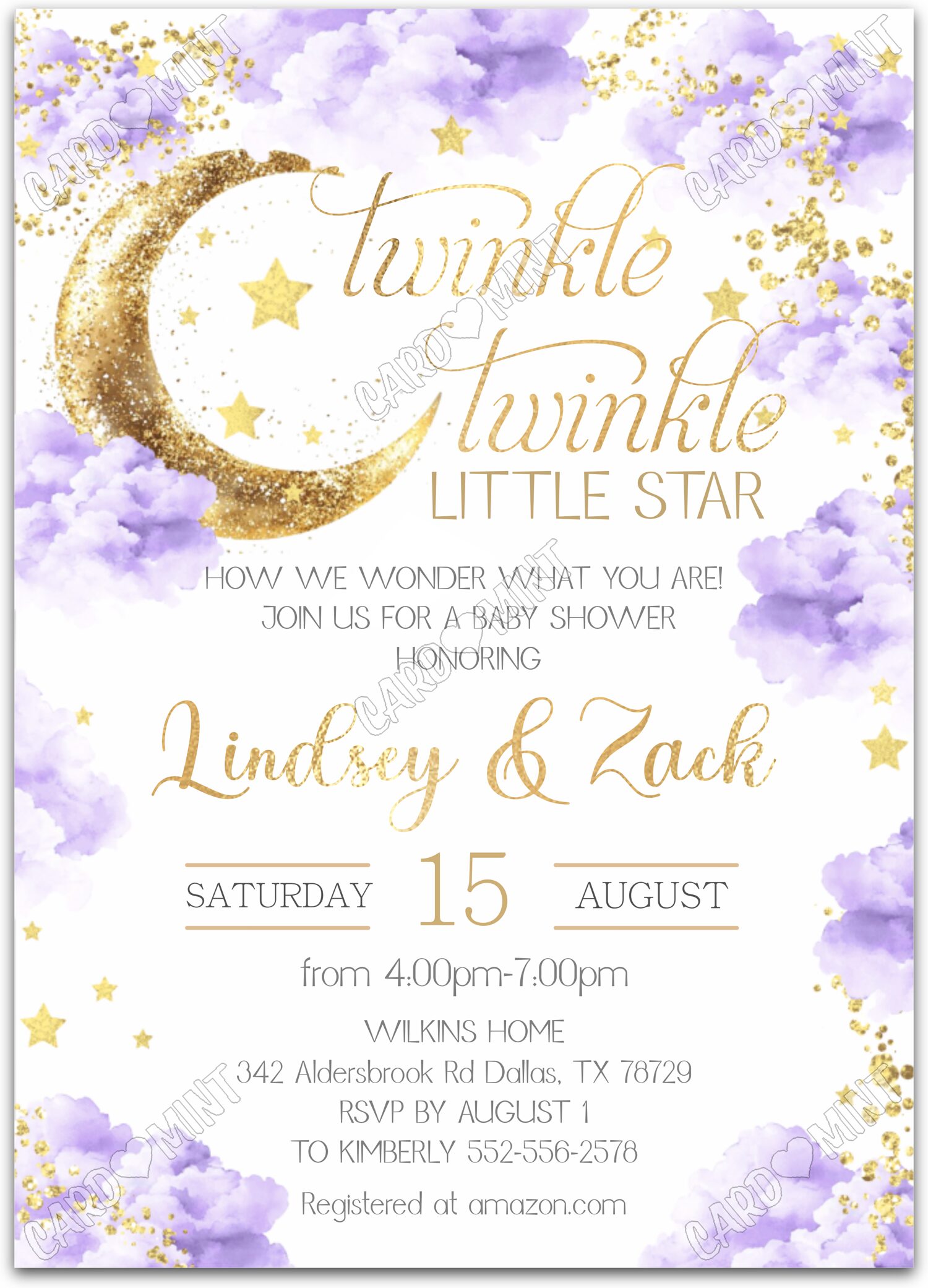 Editable Twinkle Twinkle purple gold moon, stars & glitter girl Douche de bébé 5"x7" Invitation EV1388