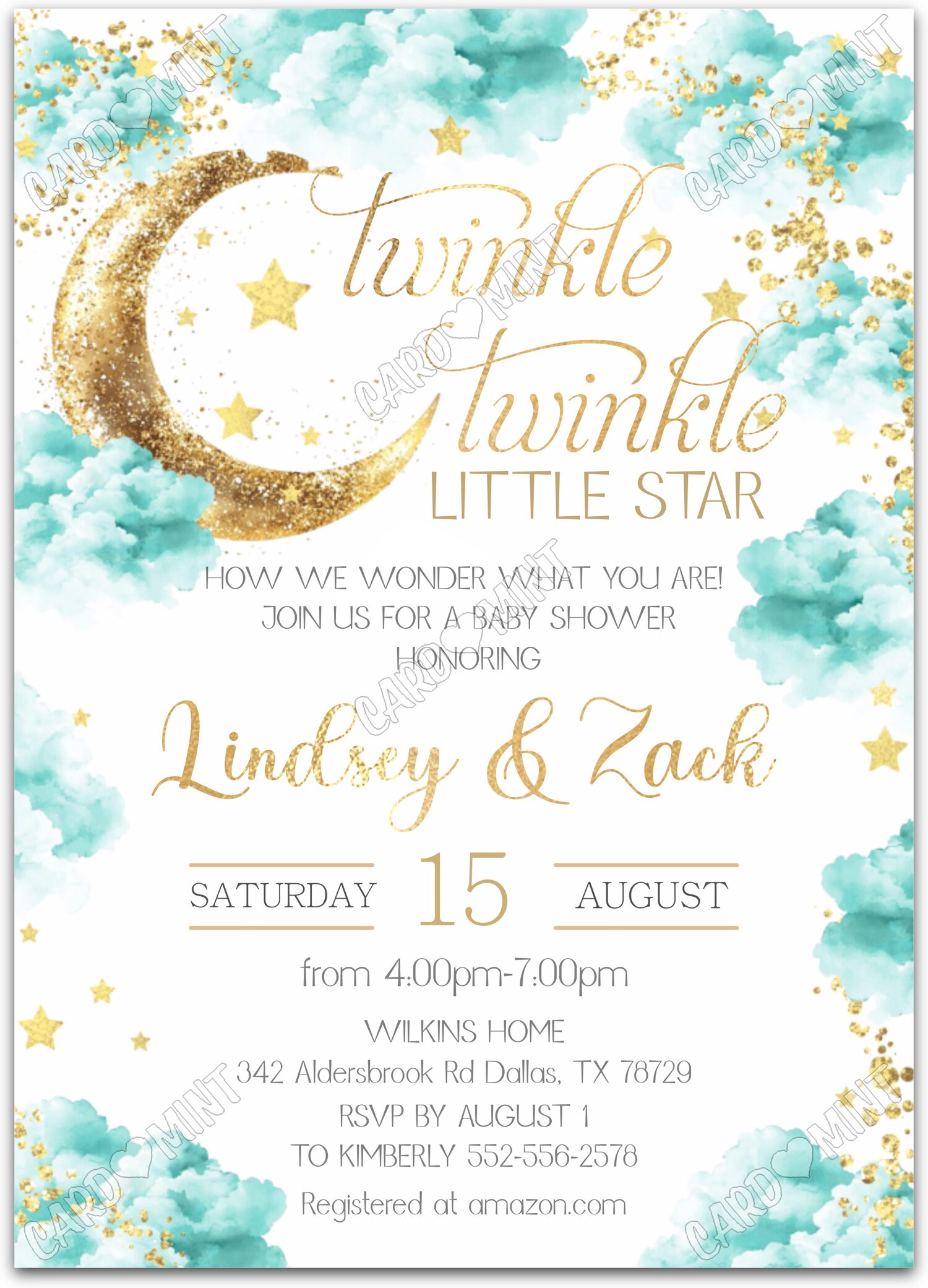 Editable Twinkle Twinkle aqua gold moon, stars & glitter boy Baby Shower 5"x7" Invitation EV1389