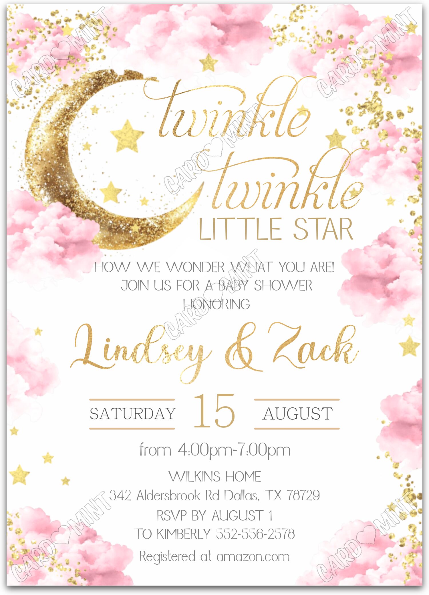 Editable Twinkle Twinkle pink gold moon, stars & glitter girl Douche de bébé 5"x7" Invitation EV1390