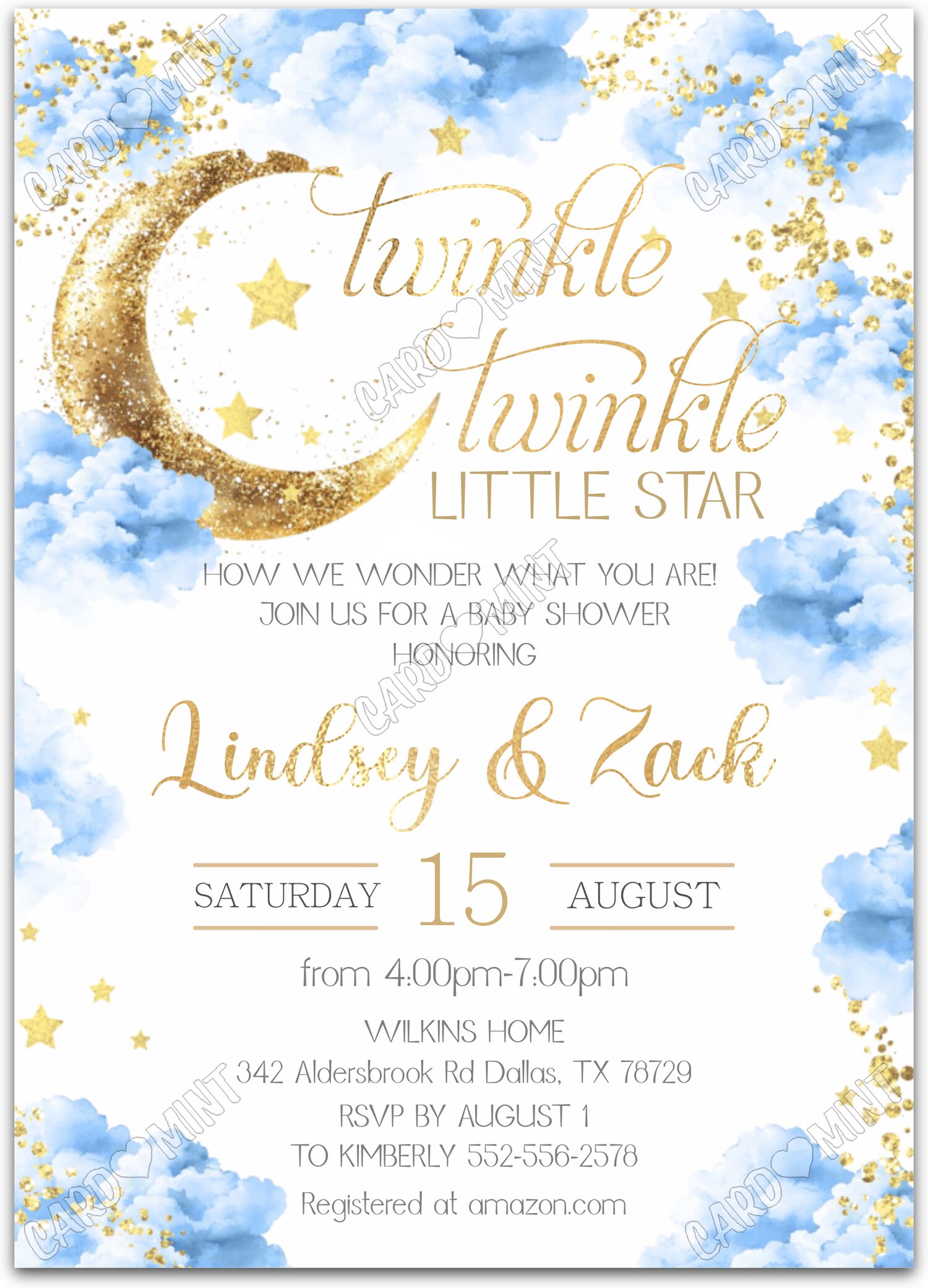 Editable Twinkle Twinkle blue gold moon, stars & glitter boy Baby Shower 5"x7" Invitation EV1391