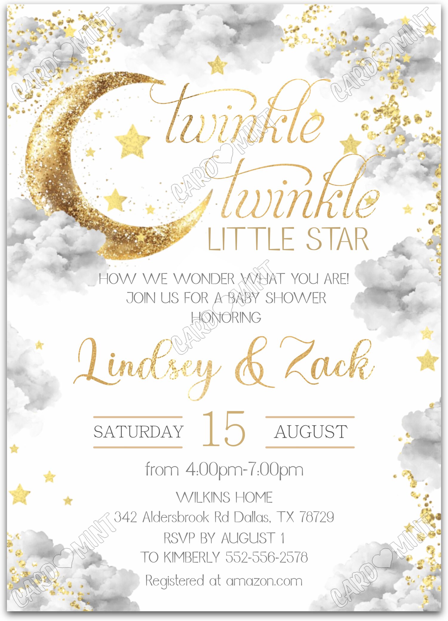 Editable Twinkle Twinkle silver gold moon, stars & glitter neutral Baby Shower 5"x7" Invitation EV1392