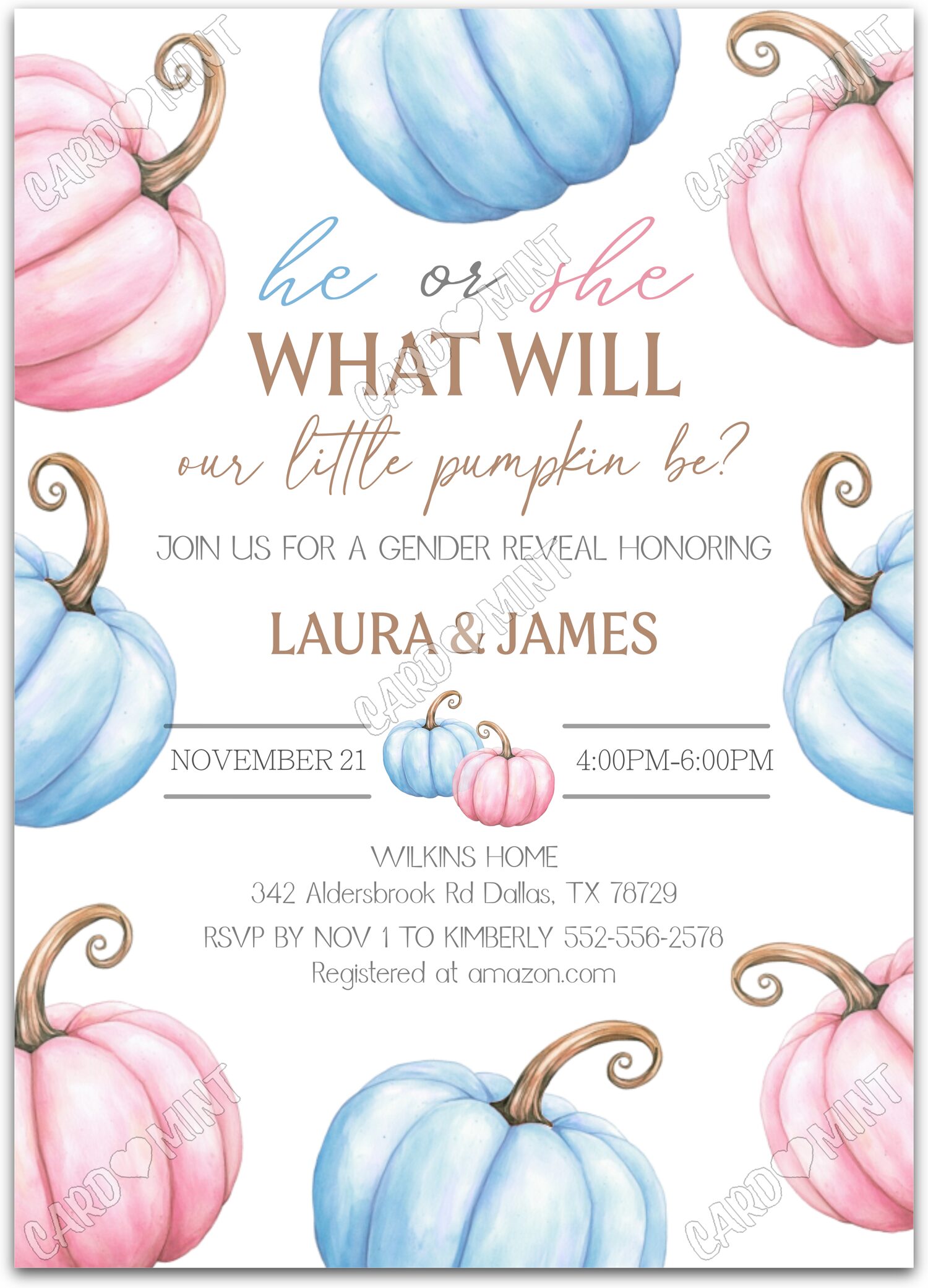 Editable Our Little Pumpkin white pumpkins Gender Reveal 5"x7" Invitation EV1393