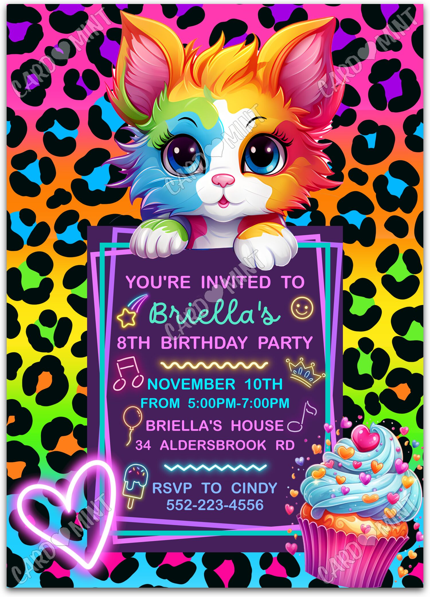 Editable Neon Kitten Birthday pink neon kitty paw prints girl 5"x7" Invitation EV1394