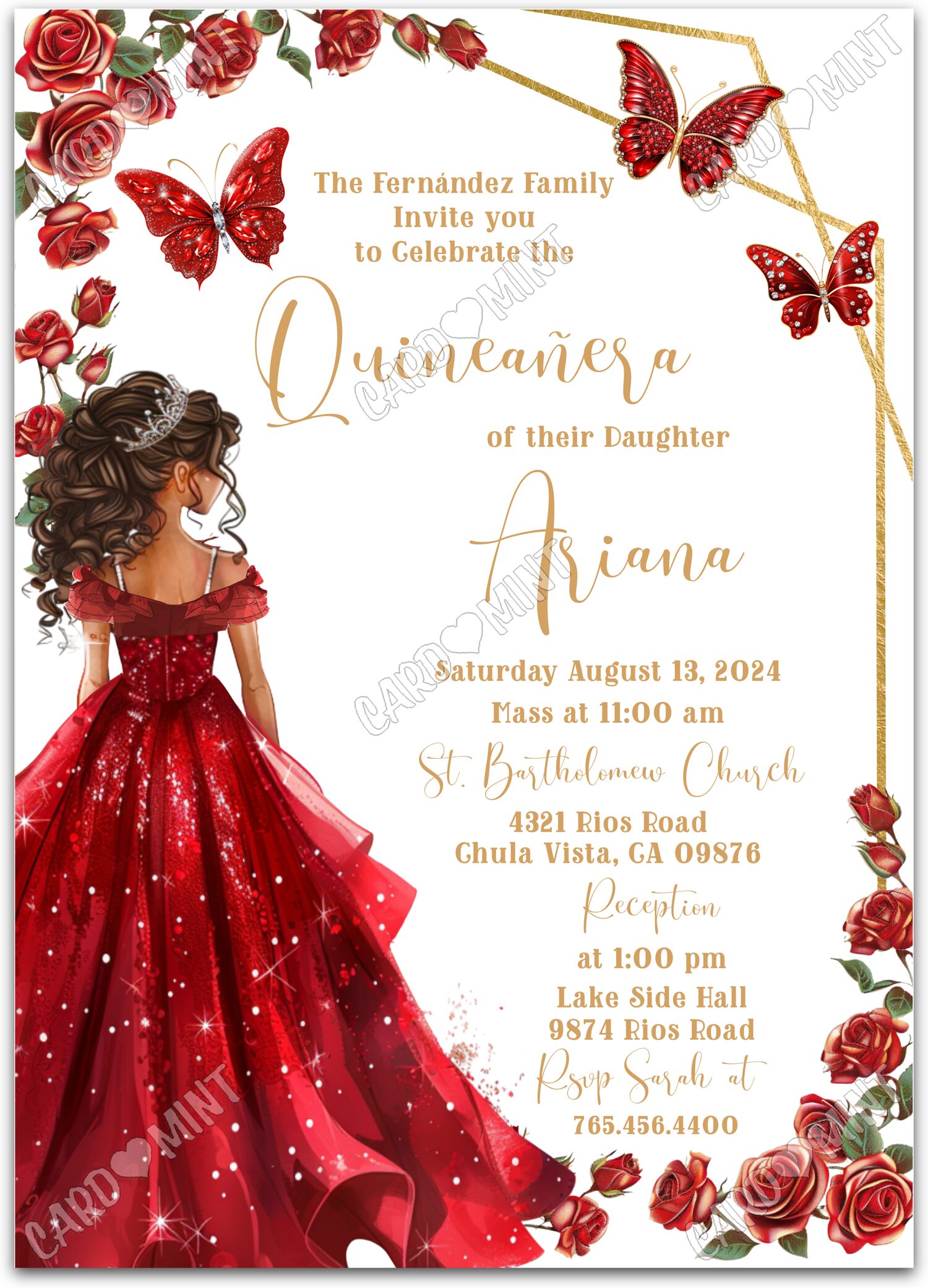 Editable Quinceañera red red dress & roses girl Red Quince 5"x7" Invitation EV1400