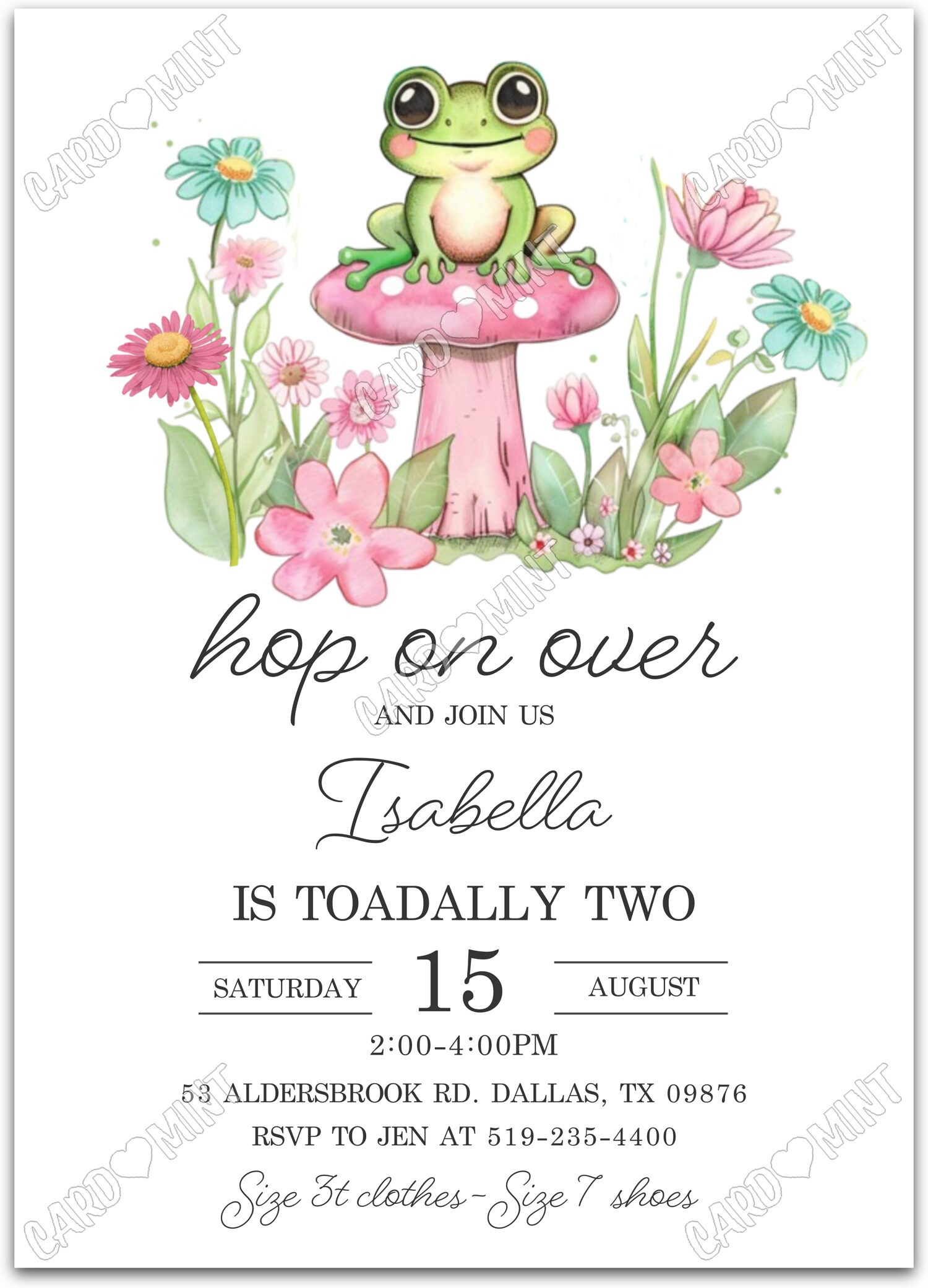 Editable Toadally Two white cute toad & toadstool girl 2nd Fête d'Anniversaire 5"x7" Invitation EV1401