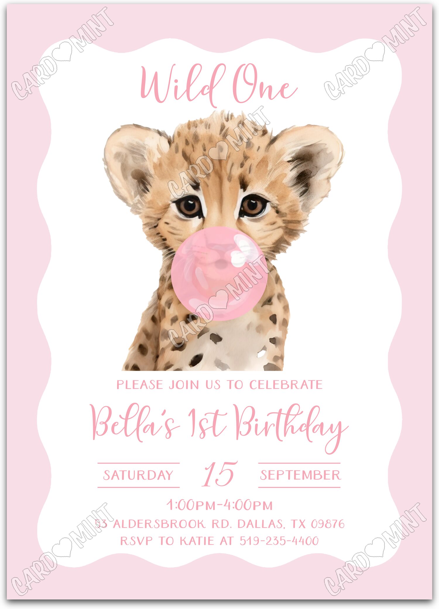 Editable Wild One pink cheetah cub blowing bubble gum girl First Birthday Party 5"x7" Invitation EV1409