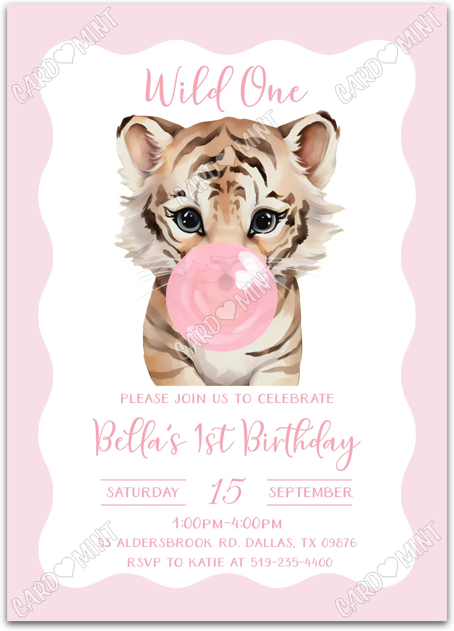 Editable Wild One pink tiger cub blowing bubble gum girl First Birthday Party 5"x7" Invitation EV1411