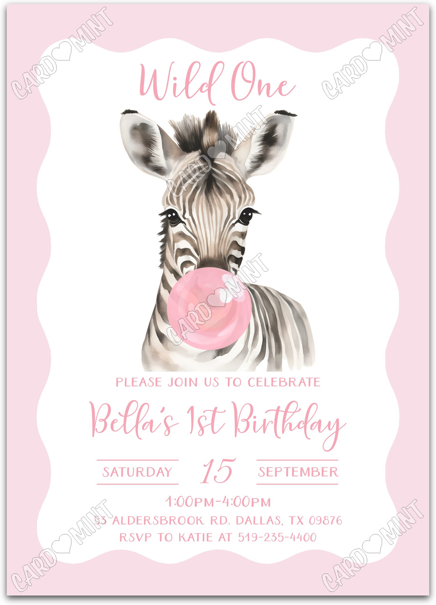 Editable Wild One pink baby zebra blowing bubble gum girl First Fête d'Anniversaire 5"x7" Invitation EV1412