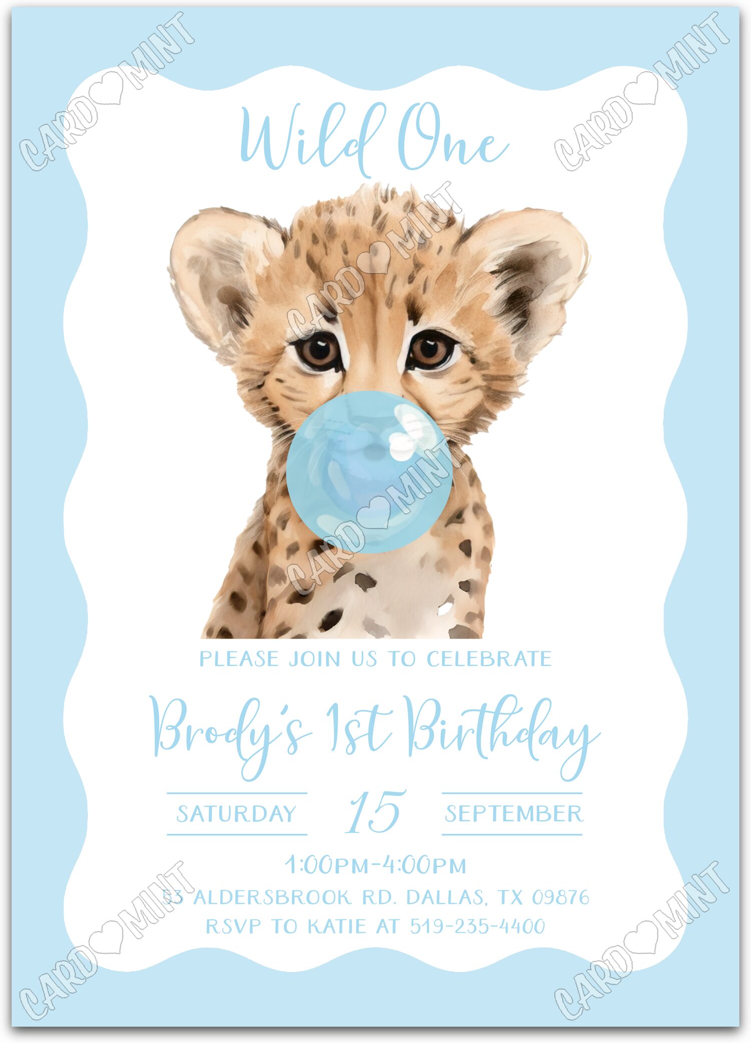 Editable Wild One blue cheetah cub blowing bubble gum boy First Birthday Party 5"x7" Invitation EV1413