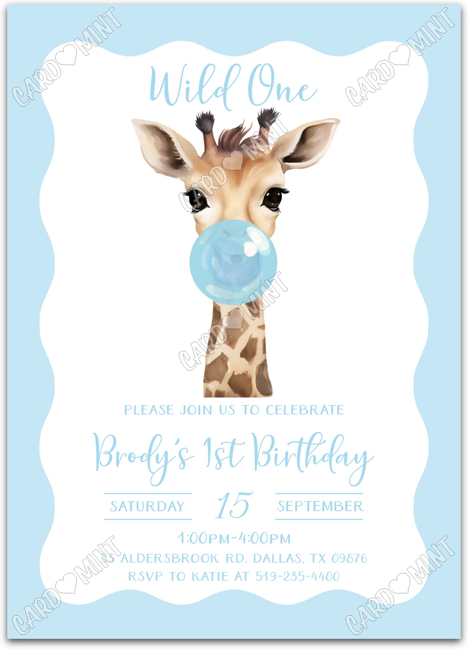 Editable Wild One blue baby giraffe blowing bubble gum boy First Birthday Party 5"x7" Invitation EV1414