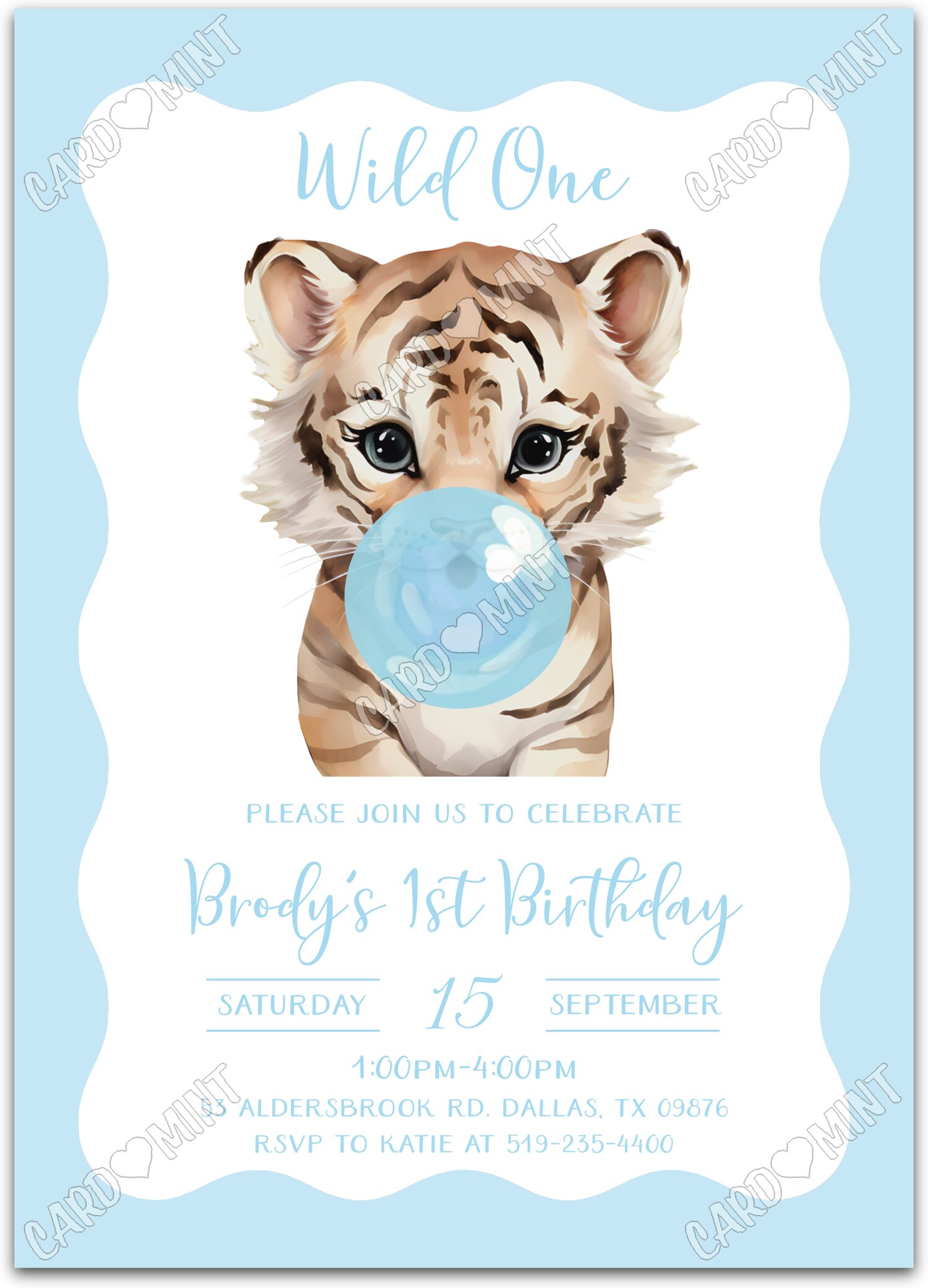 Editable Wild One blue tiger cub blowing bubble gum boy First Birthday Party 5"x7" Invitation EV1415