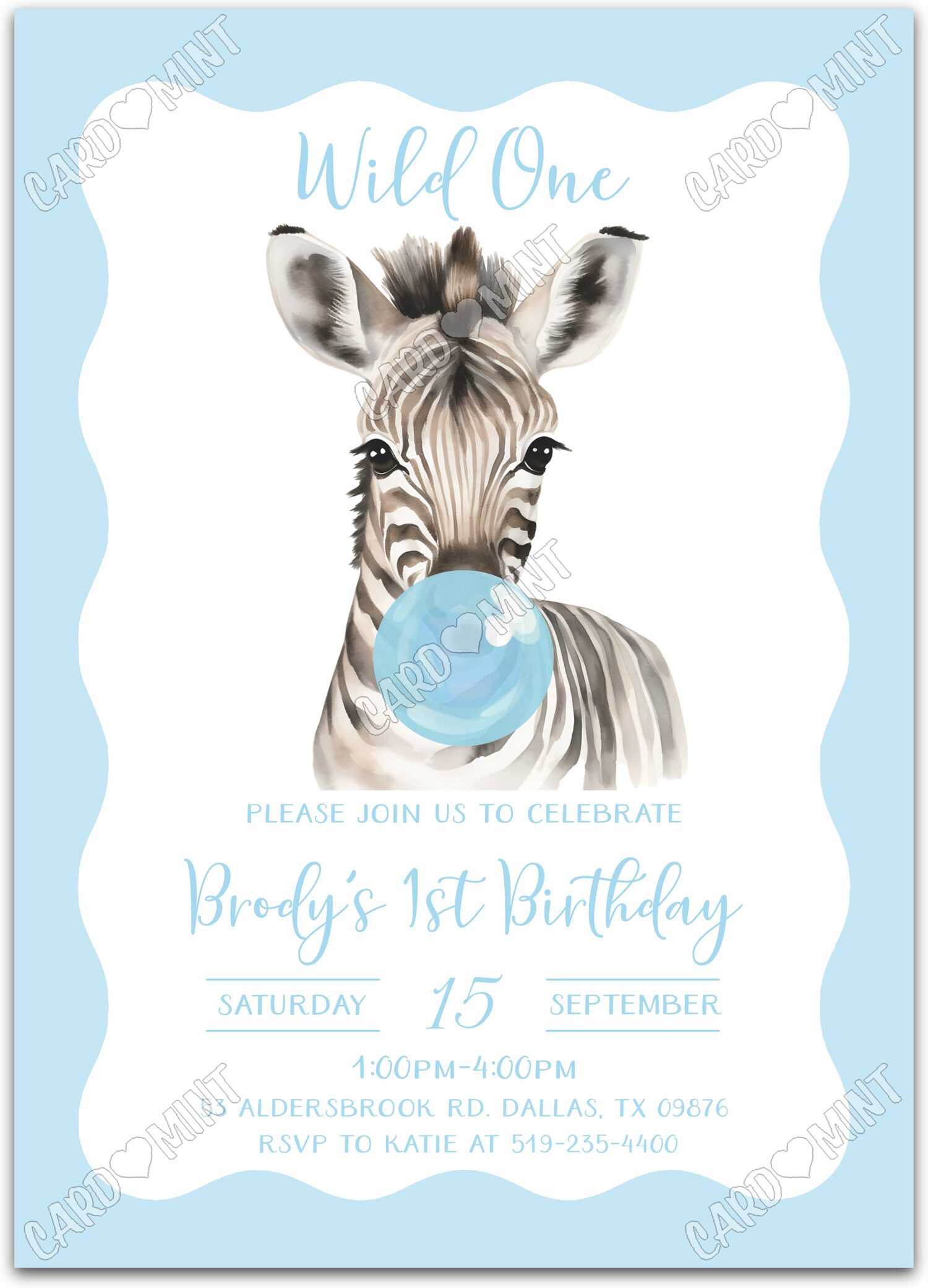 Editable Wild One blue baby zebra blowing bubble gum boy First Fête d'Anniversaire 5"x7" Invitation EV1416