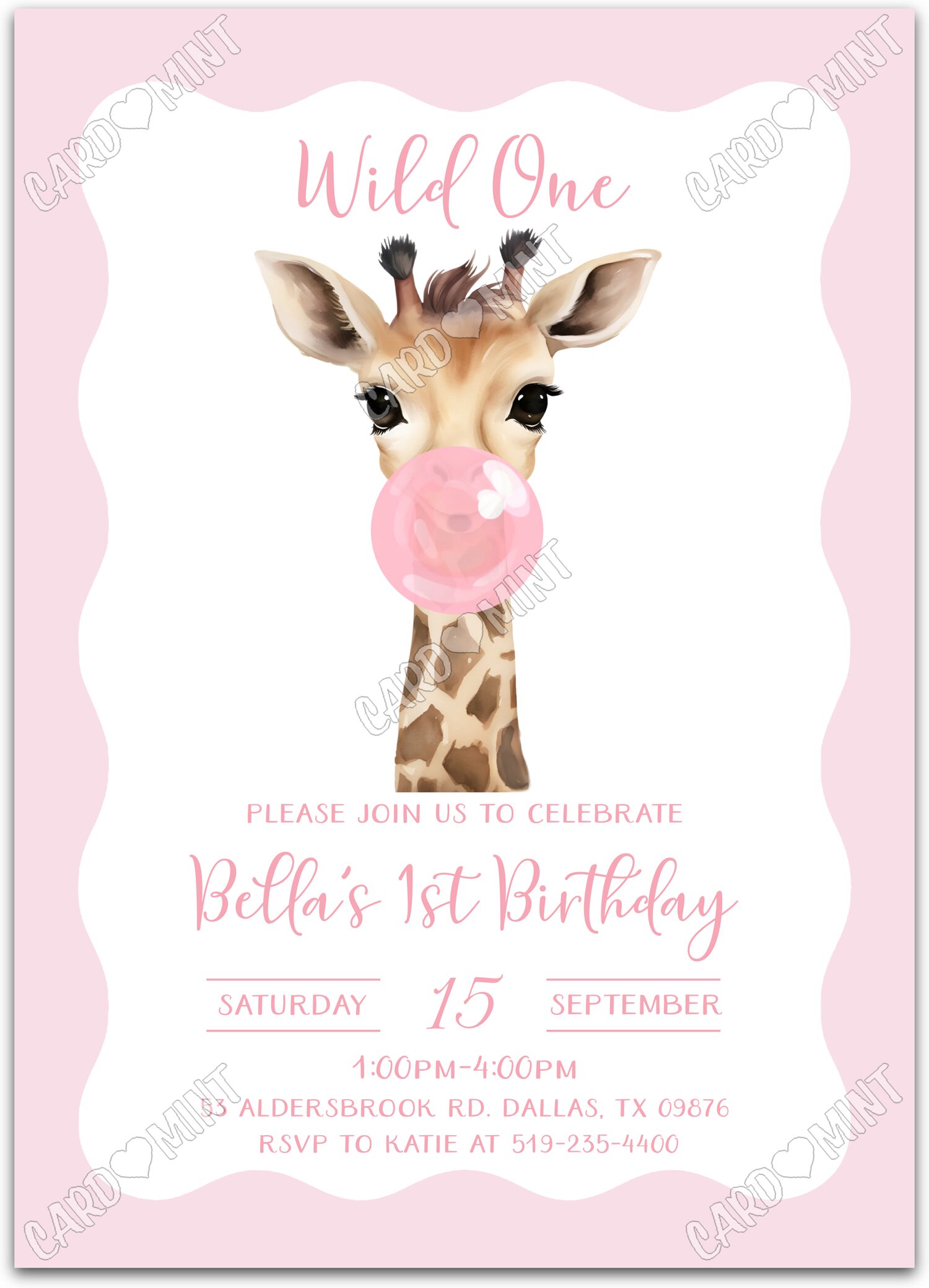 Editable Wild One pink baby giraffe blowing bubble gum girl First Birthday Party 5"x7" Invitation EV1417