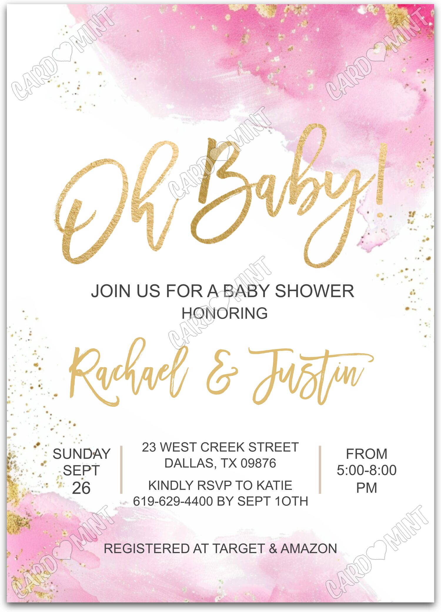 Editable Oh Baby! pink/gold minimalist watercolor splashes girl Baby Shower 5"x7" Invitation EV1418