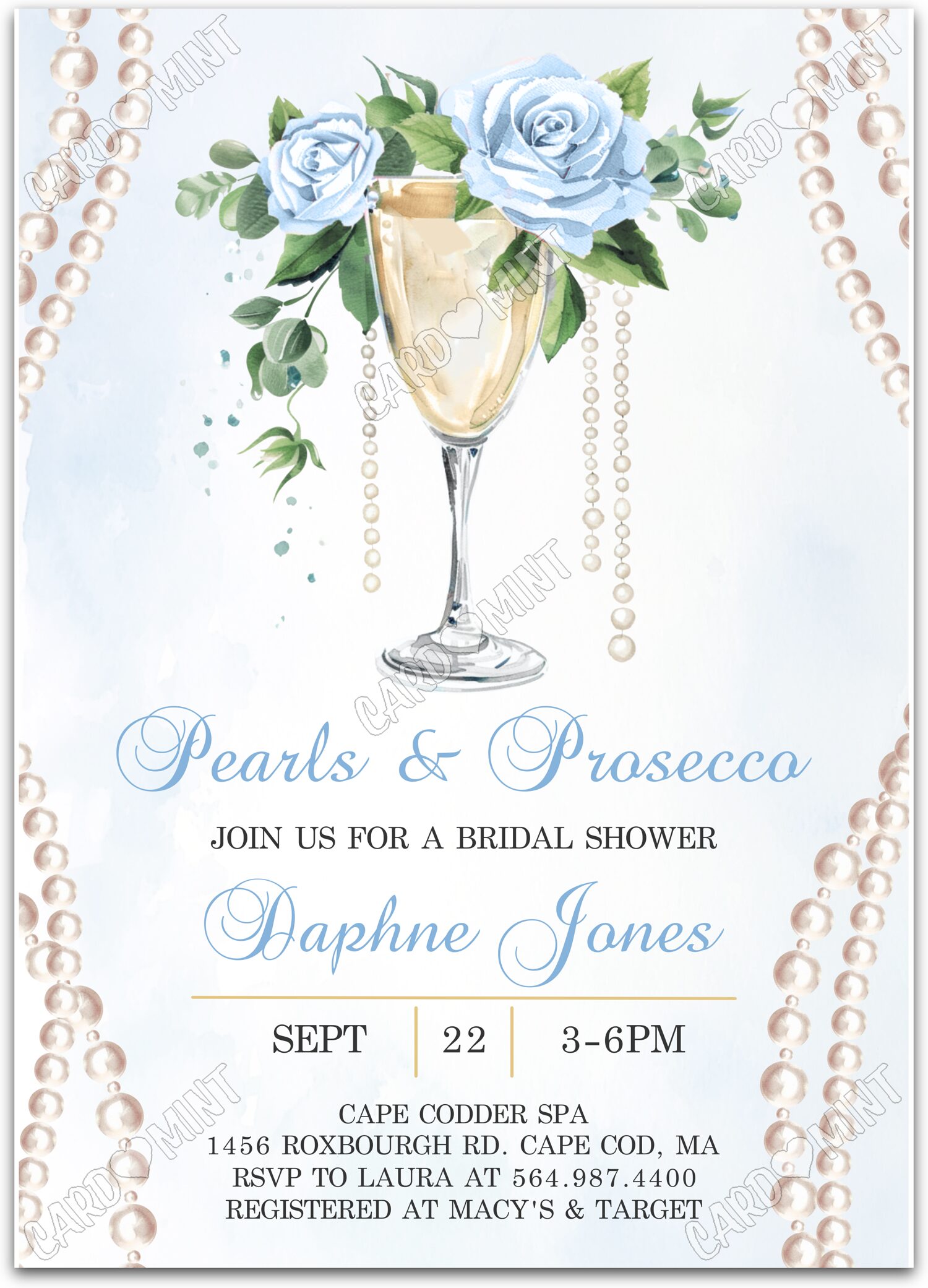 Editable Pearls & Prosecco blue wine, blue roses & pearls Bridal Shower Invitation EV1419