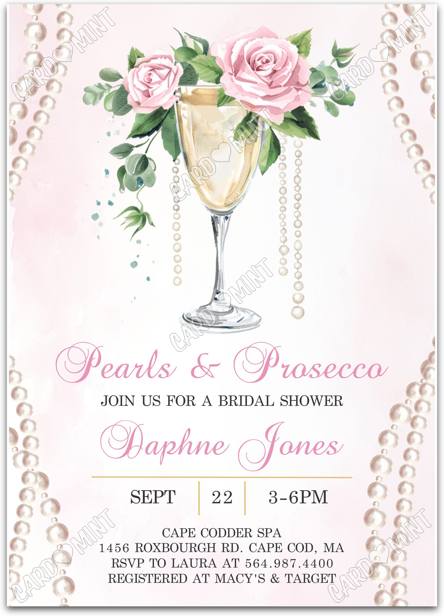 Editable Pearls & Prosecco blue wine, pink roses & pearls Bridal Shower Invitation EV1420