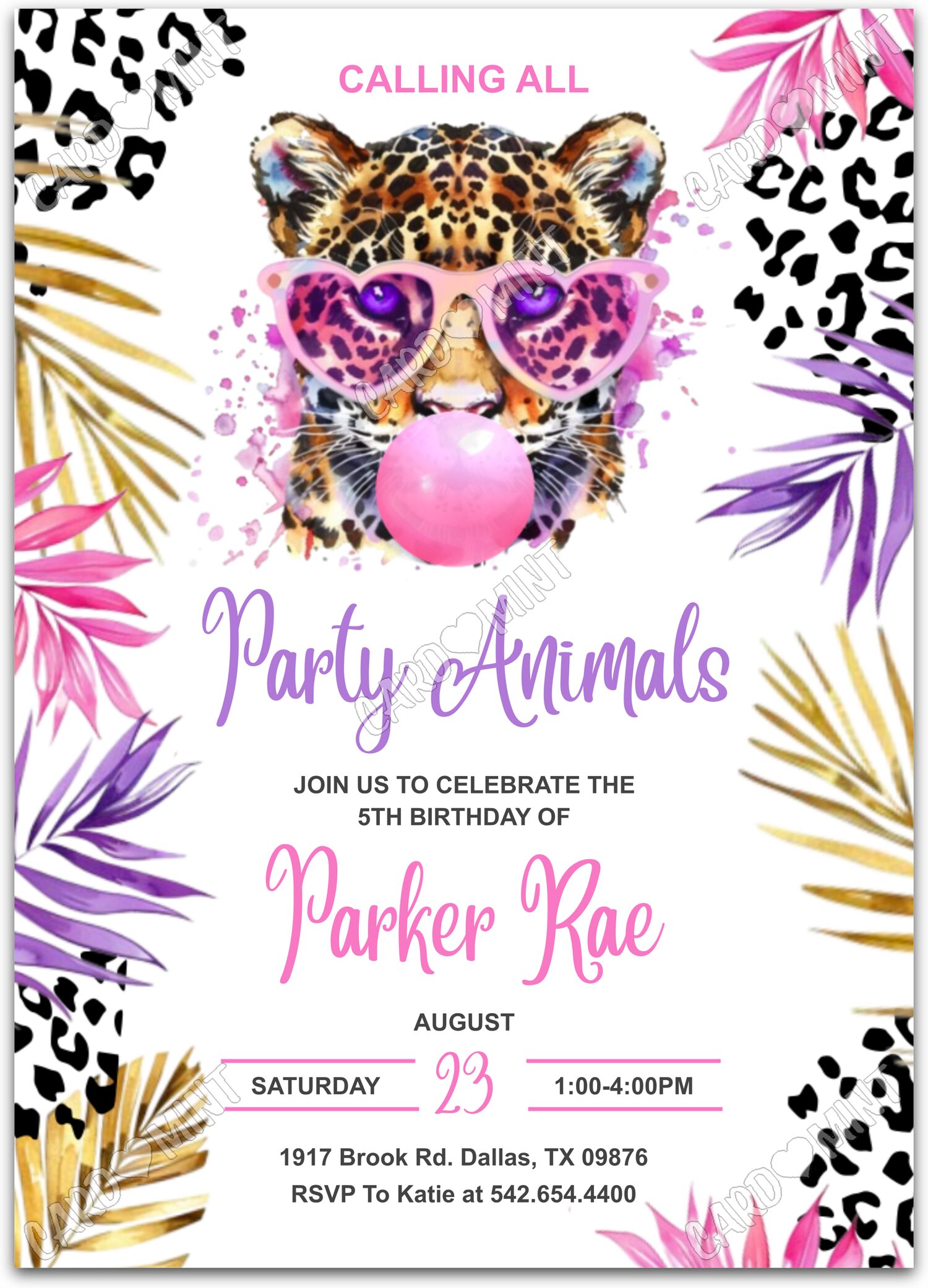 Editable Party Animals colorful sunglassed cheetah blowing bubble gum girl Birthday Party 5"x7" Invitation EV1421