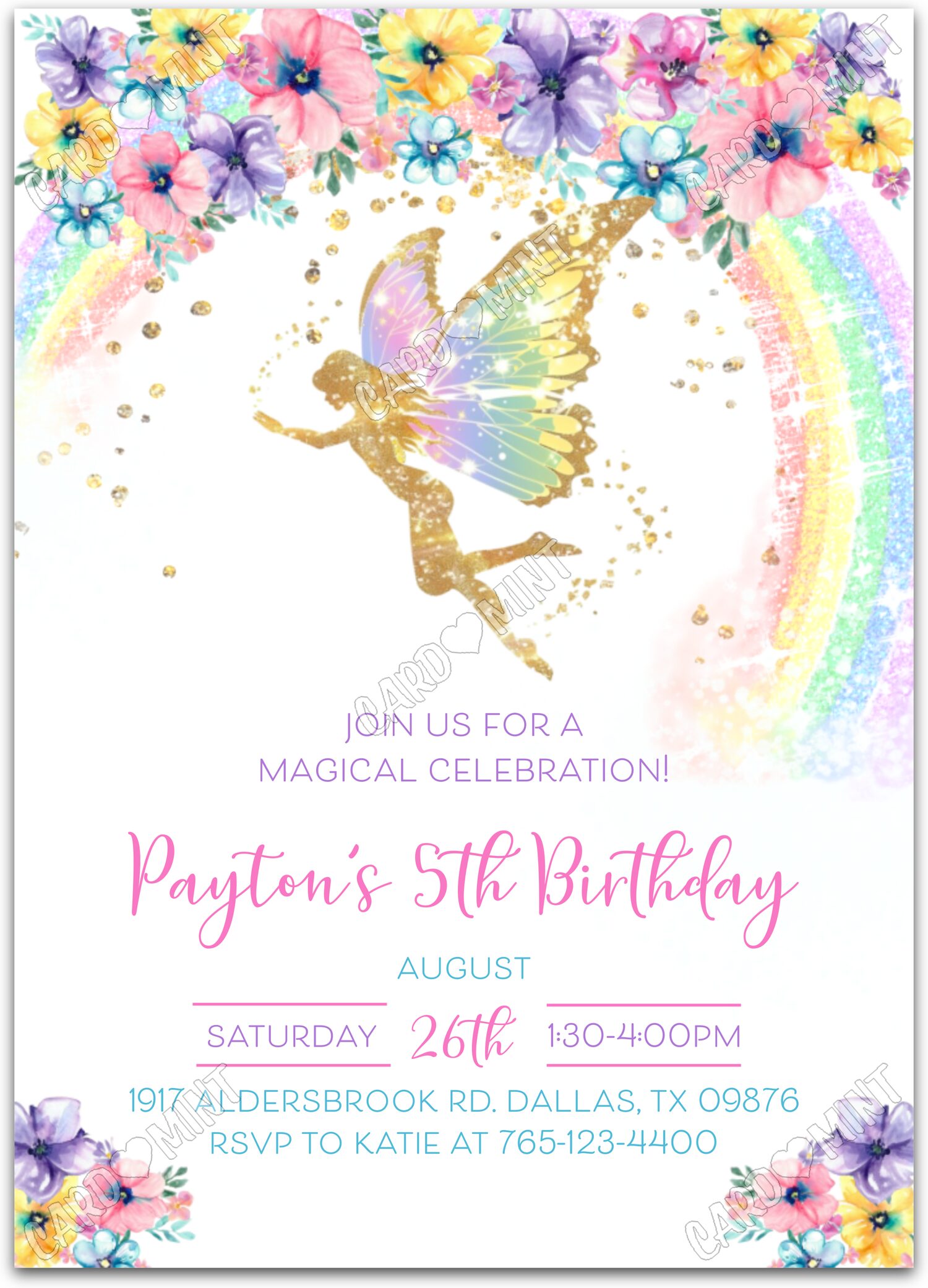 Editable Magical Celebration colorful gold fairy & fairy dust girl Birthday Party 5"x7" Invitation EV1422