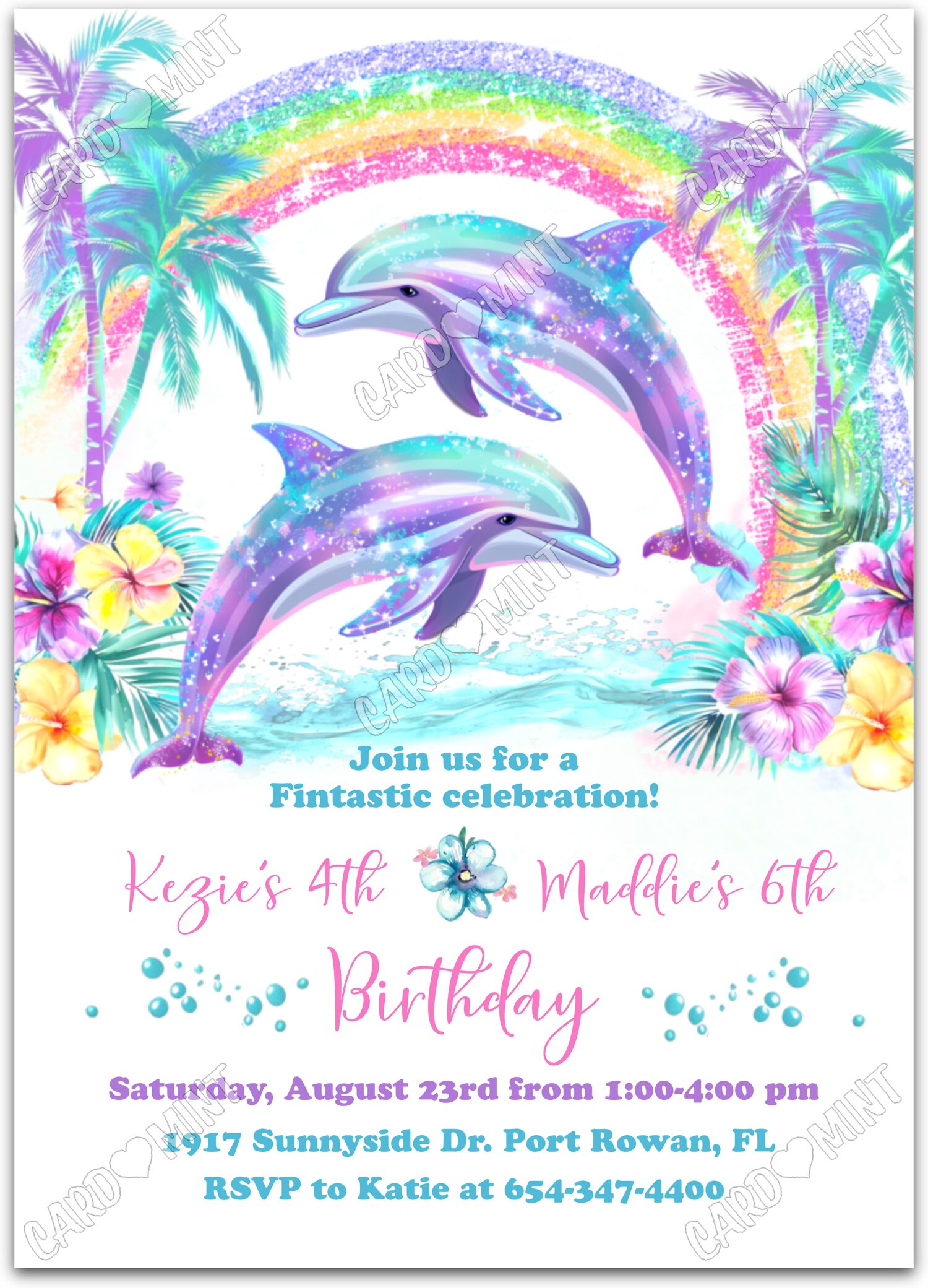 Editable Fintastic Celebration colorful dolphins & rainbow girl Siblings Fête d'Anniversaire 5"x7" Invitation EV1423