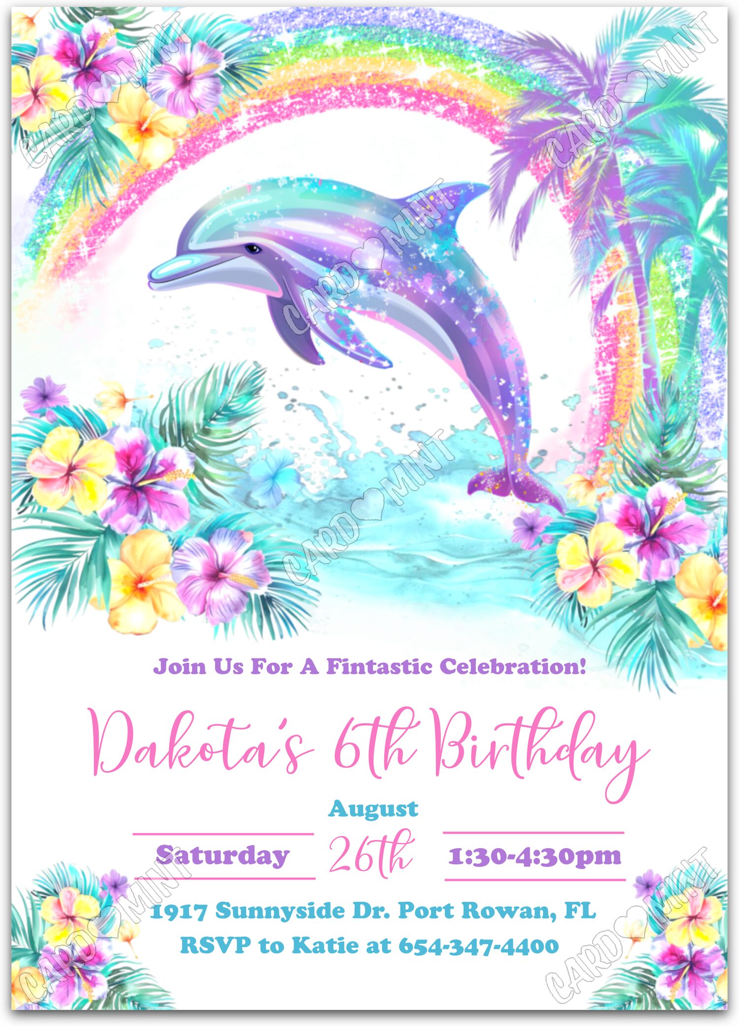 Editable Fintastic Celebration colorful dolphin & rainbow girl Birthday Party 5"x7" Invitation EV1424