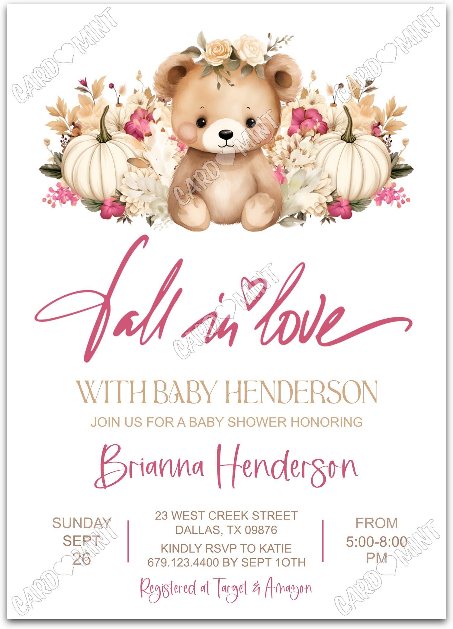 Editable Fall in Love white baby bear & pumpkins girl fall Baby Shower 5"x7" Invitation EV1430